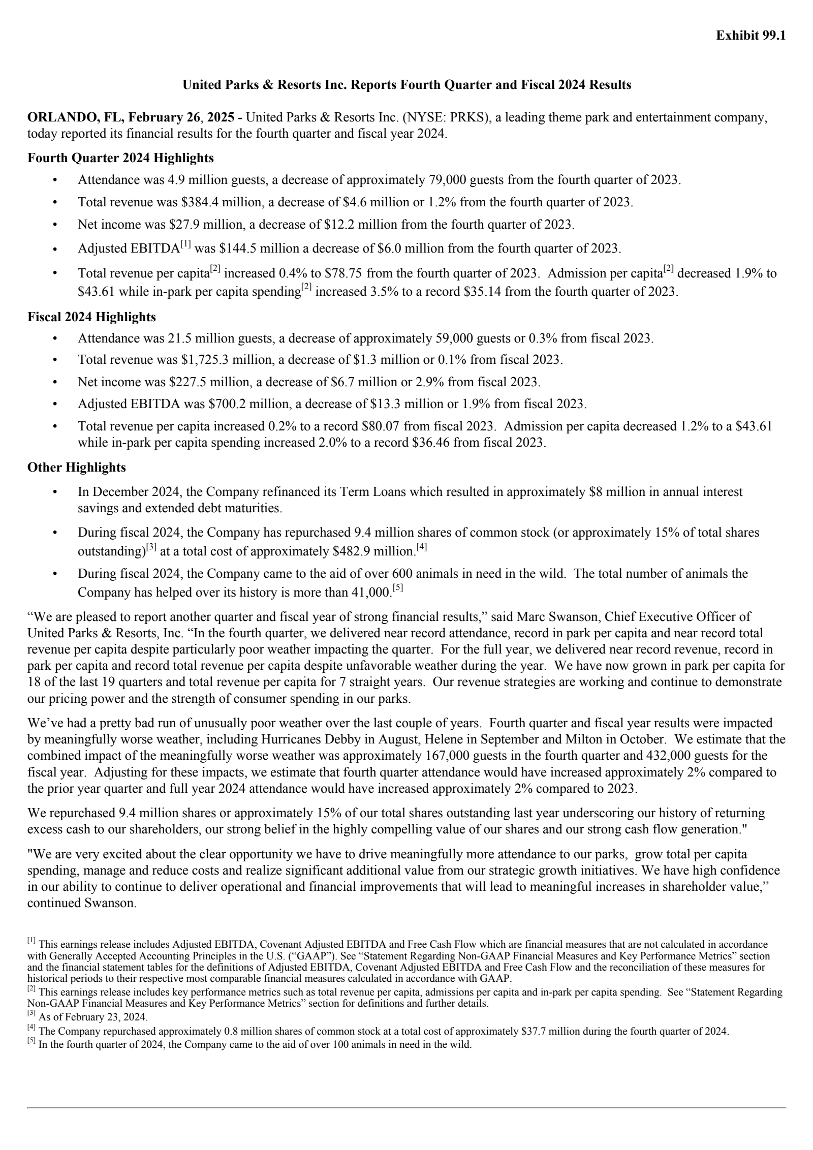 United Parks & Resorts' Q4 2024 Press Release