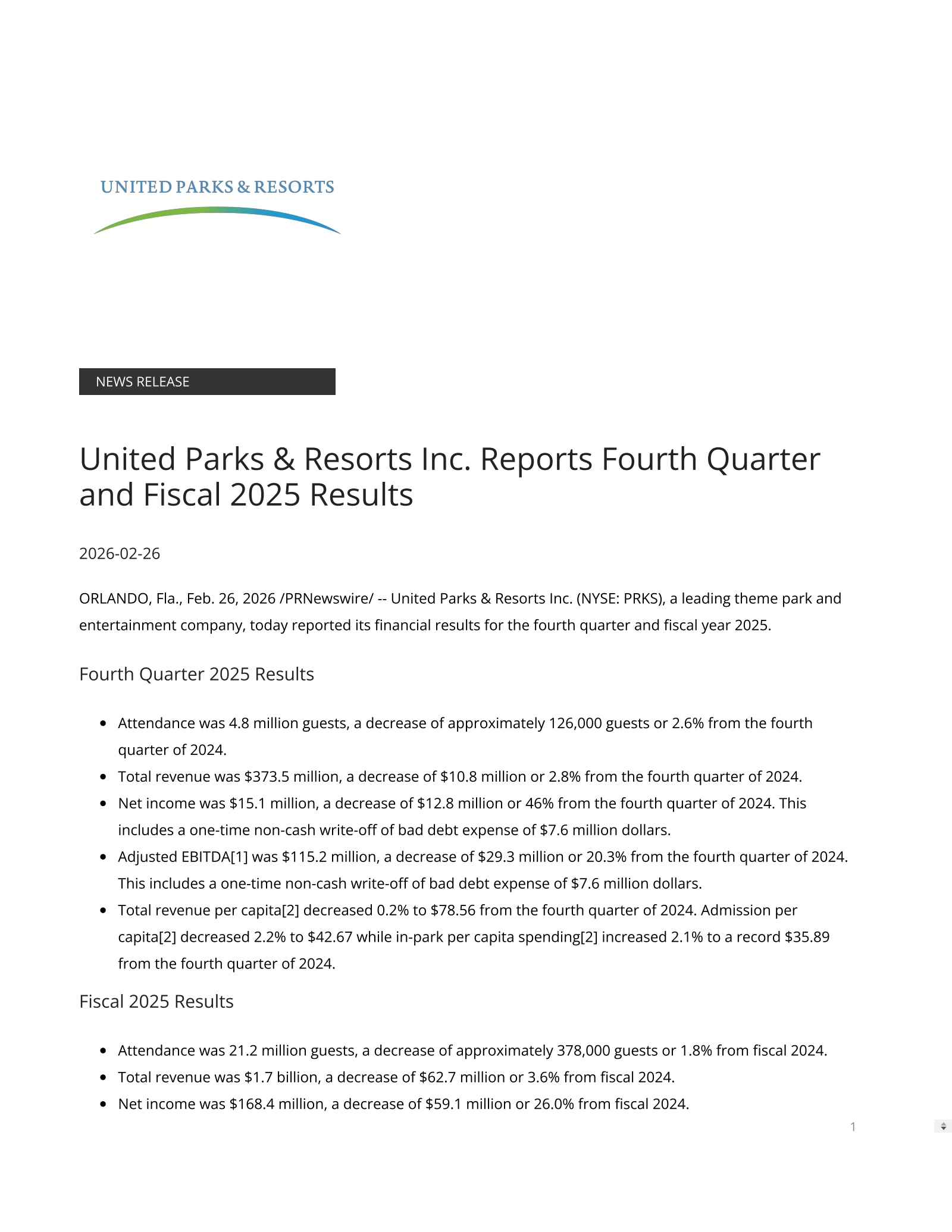 United Parks & Resorts' Q4 2025 Press Release