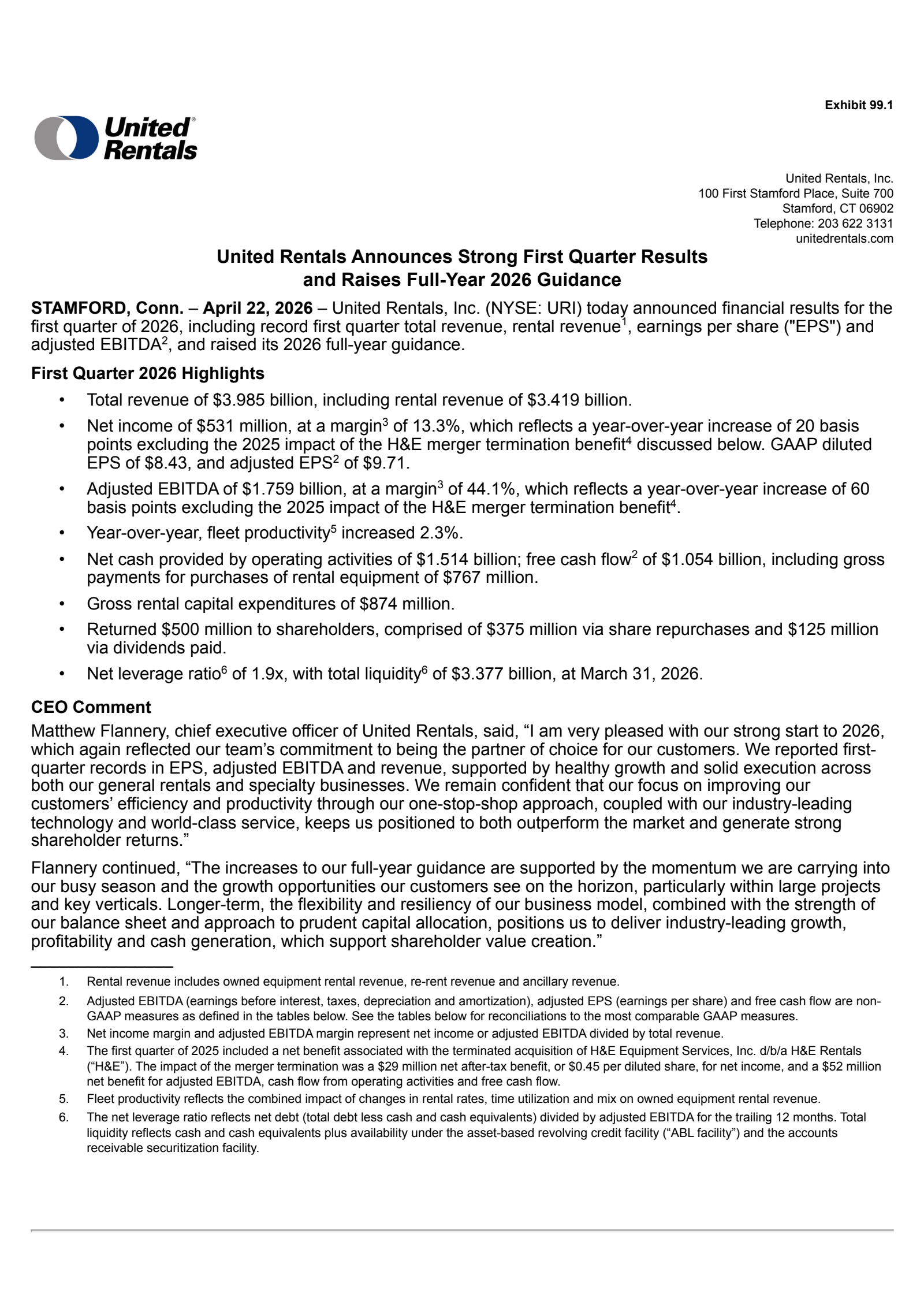 United Rentals' Q1 2026 Press Release