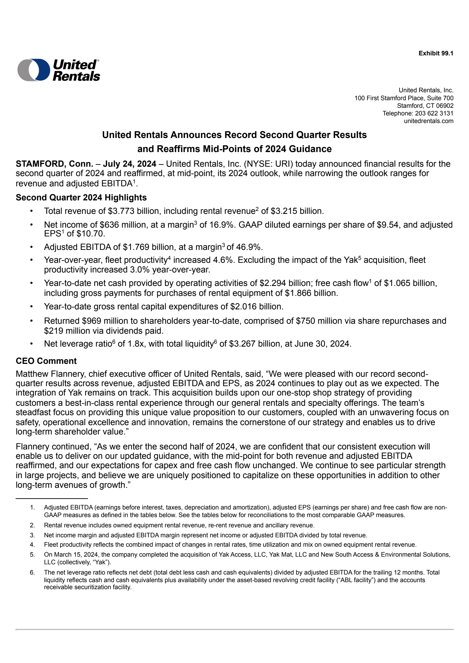 United Rentals' Q2 2024 Press Release