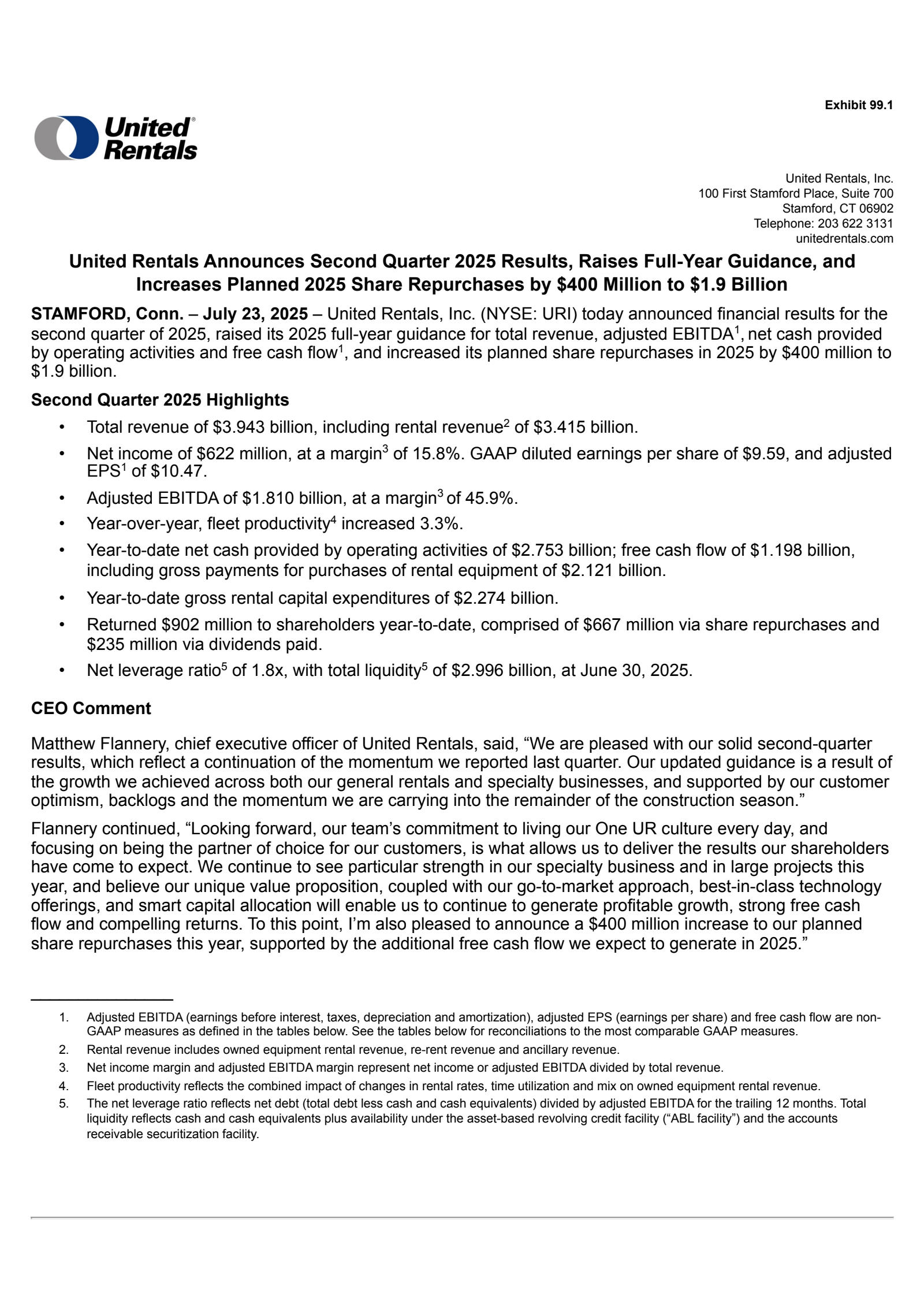 United Rentals' Q2 2025 Press Release