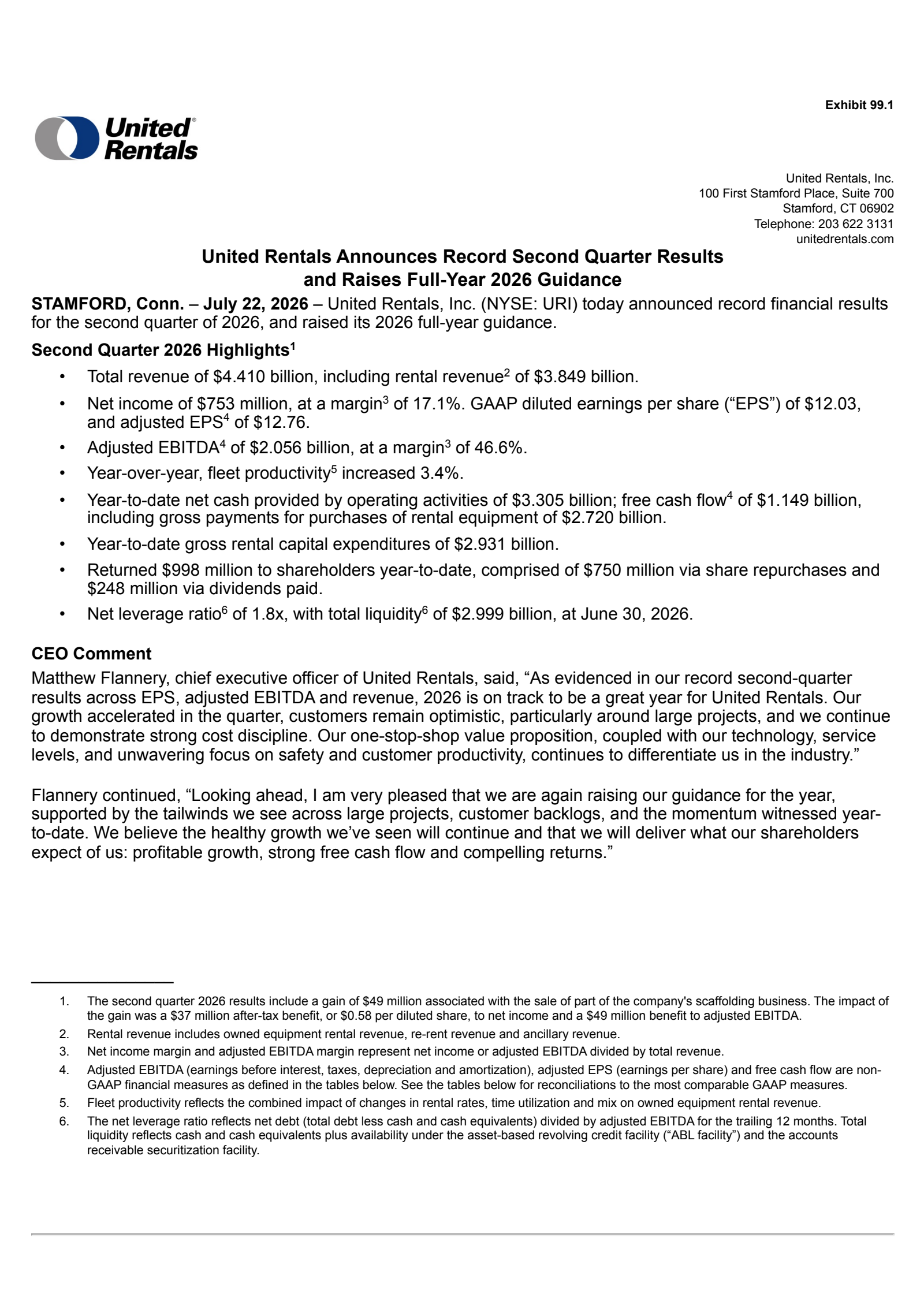United Rentals' Q2 2026 Press Release