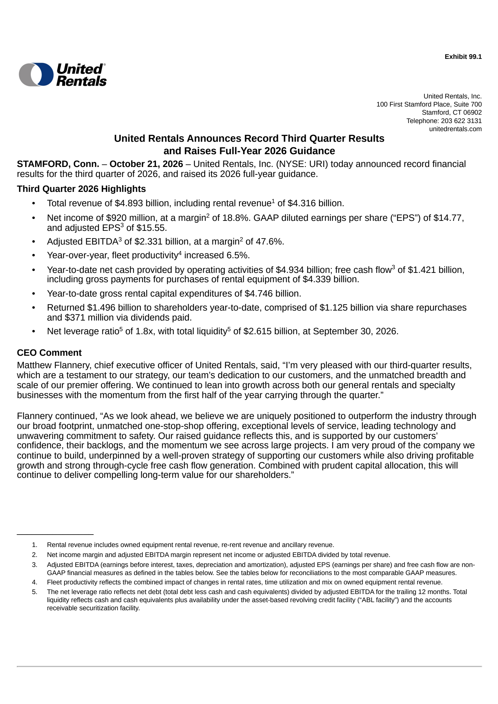 United Rentals' Q3 2026 Press Release