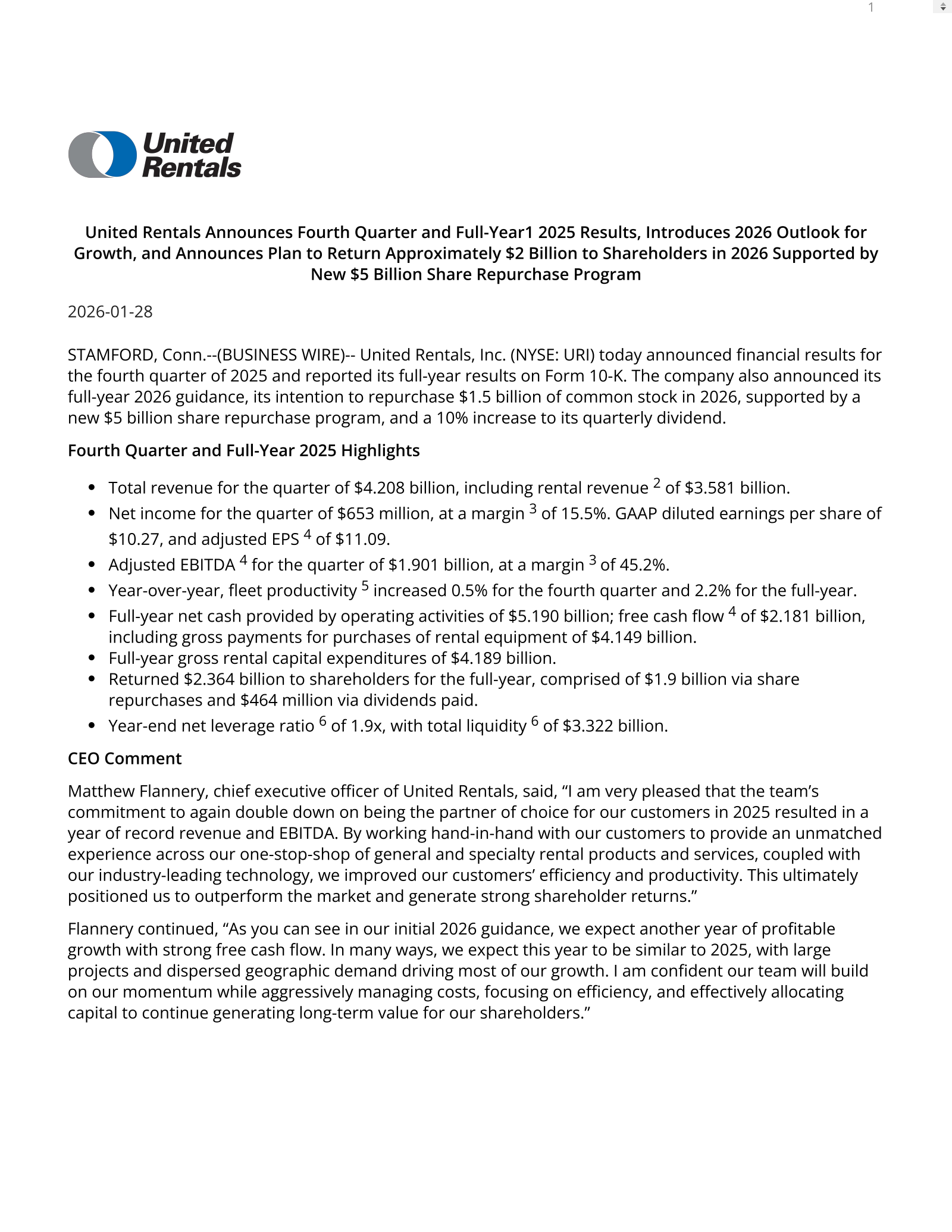 United Rentals' Q4 2025 Press Release