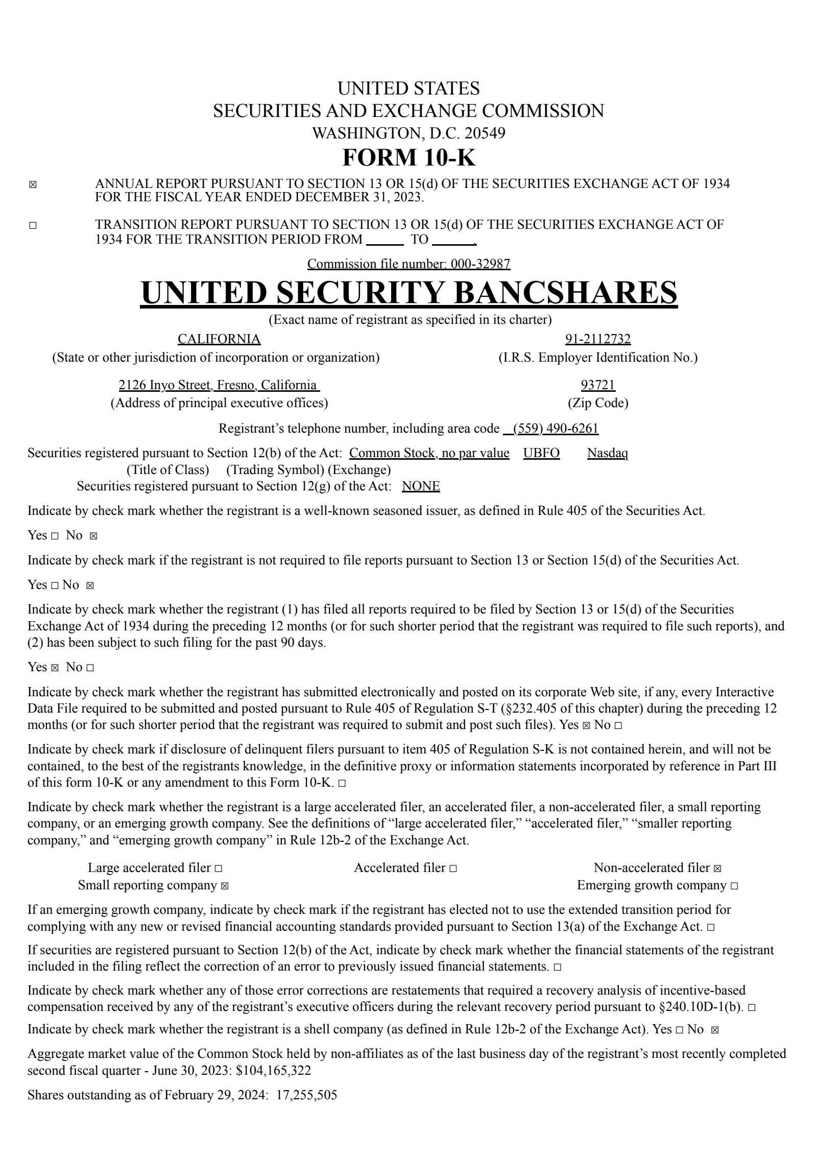 United Security Bancshares' Q4 2023 Annual report
