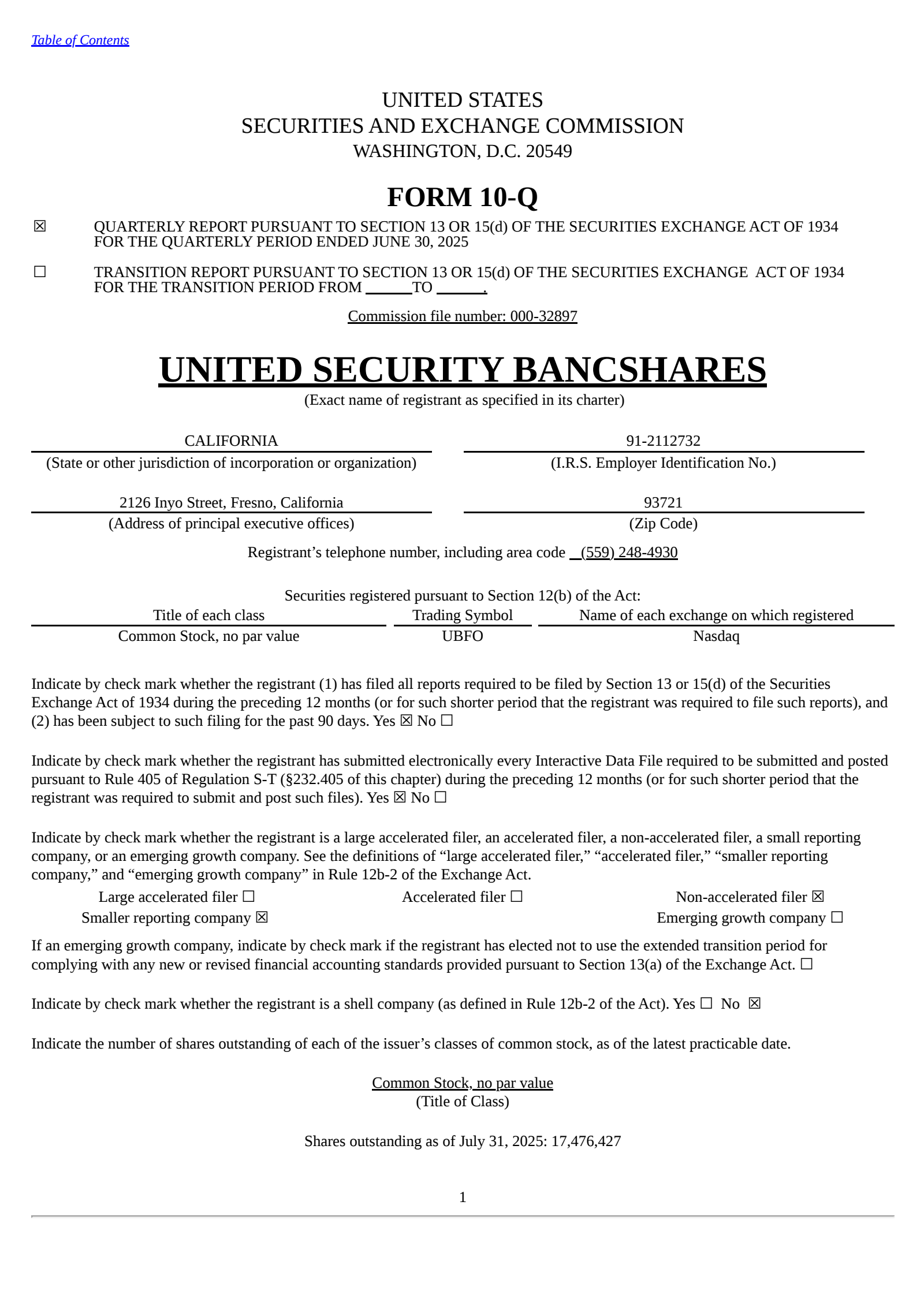 United Security Bancshares' Q2 2025 Quarterly report