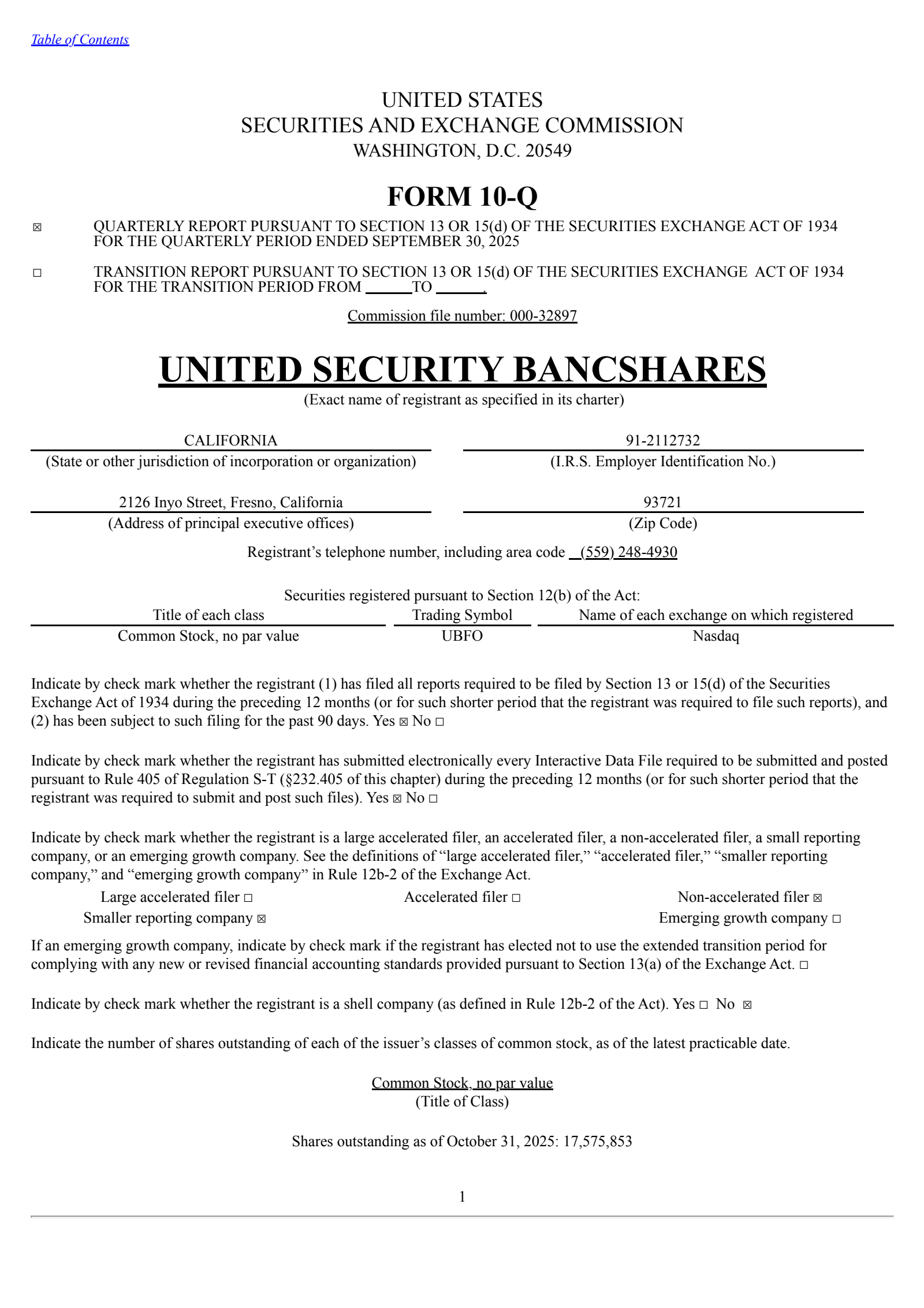 United Security Bancshares' Q3 2025 Quarterly Report