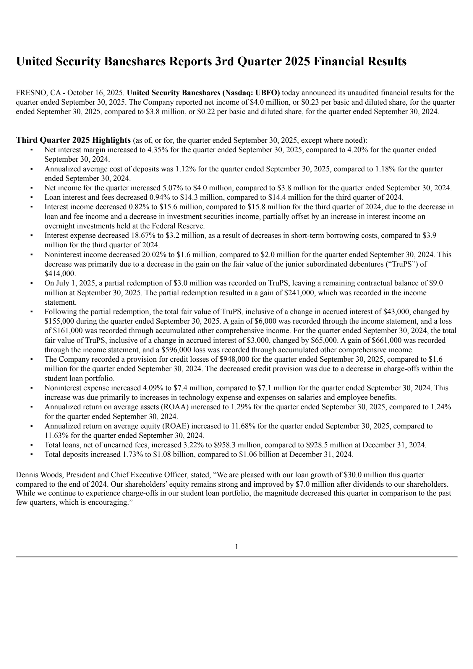 United Security Bancshares' Q3 2025 Earnings Release