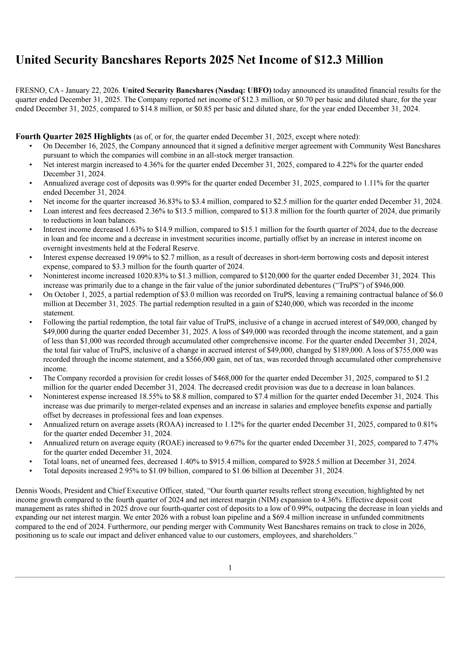 United Security Bancshares' Q4 2025 Press Release