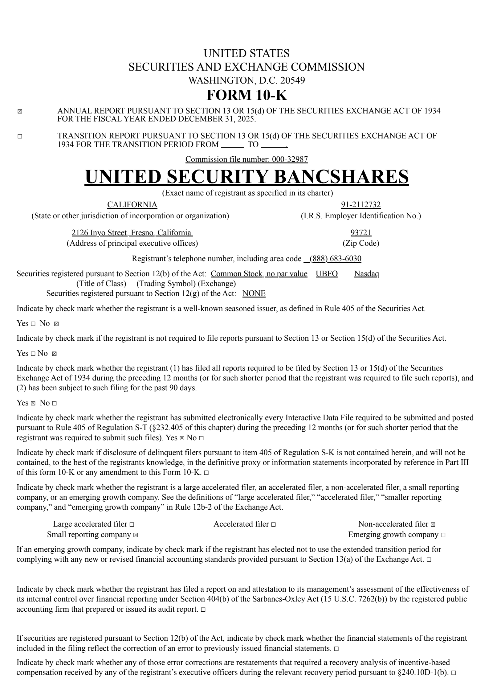 United Security Bancshares' Q4 2025 Annual report