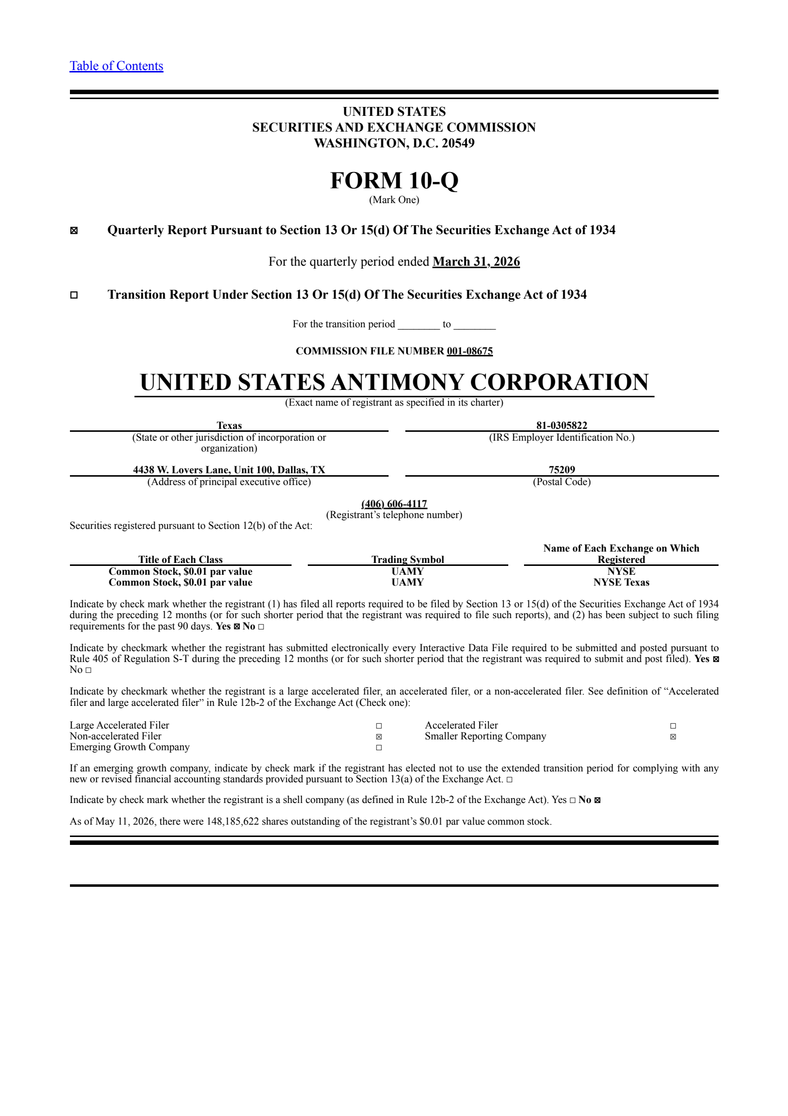 United States Antimony's Q1 2026 Quarterly report