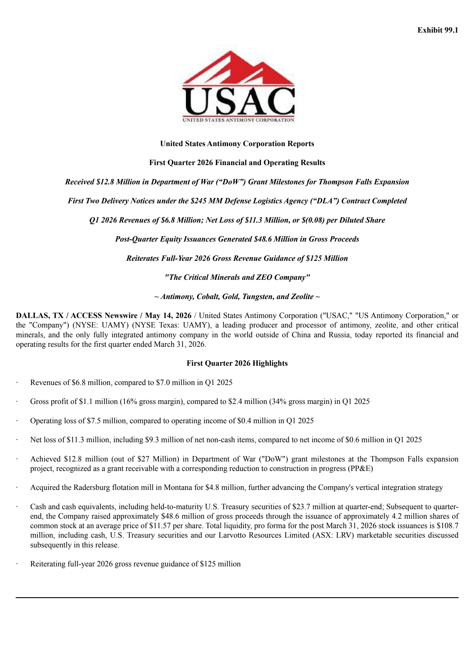 United States Antimony's Q1 2026 Press Release