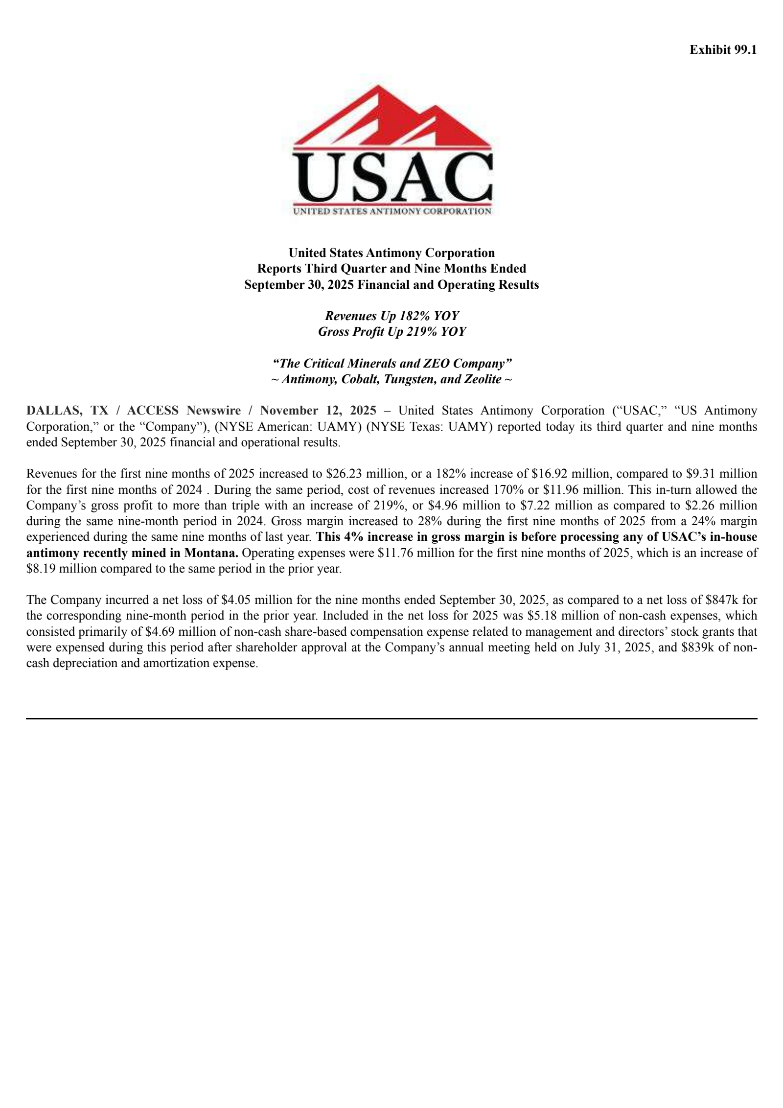 United States Antimony's Q3 2025 Earnings Release