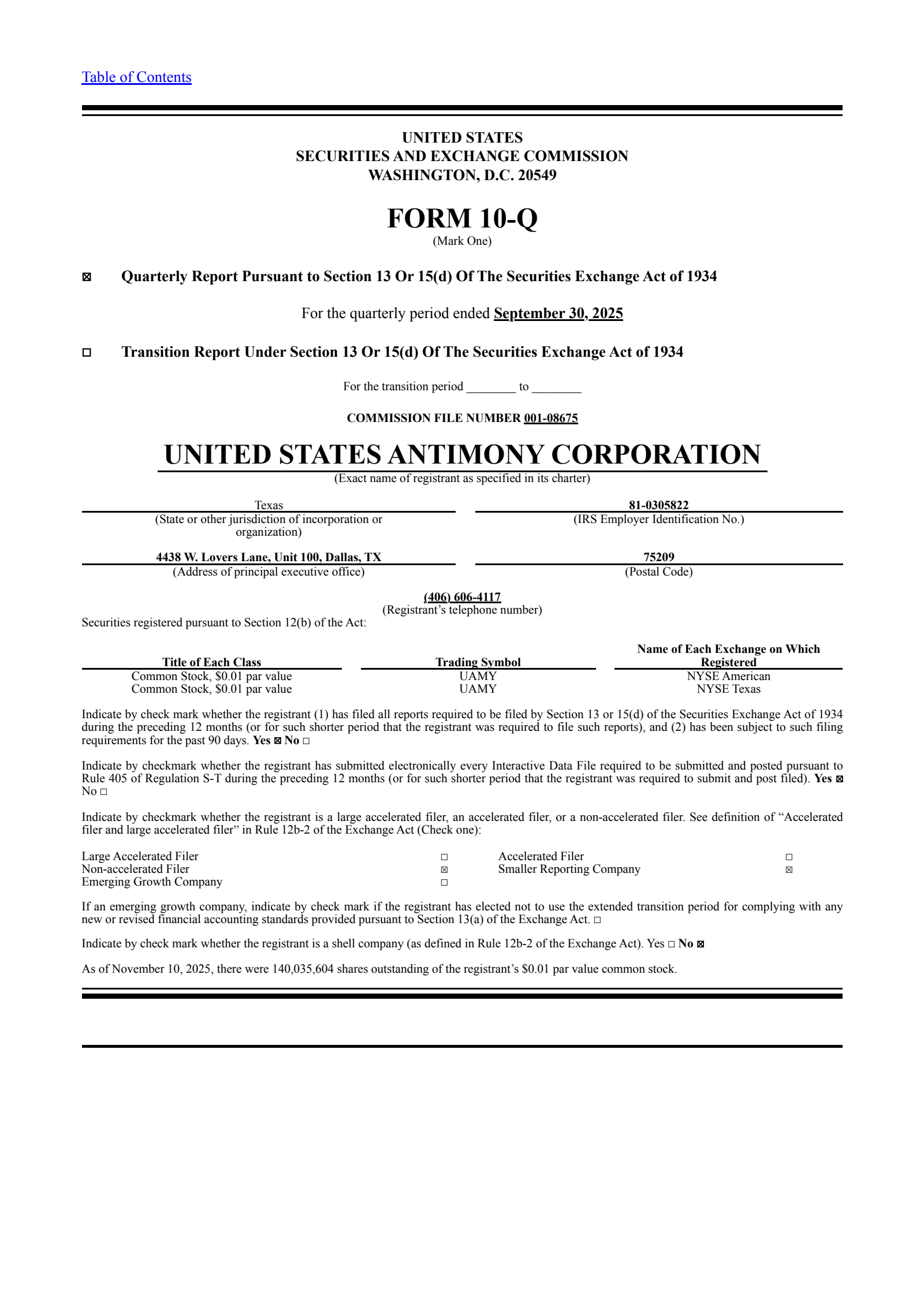 United States Antimony's Q3 2025 Quarterly Report