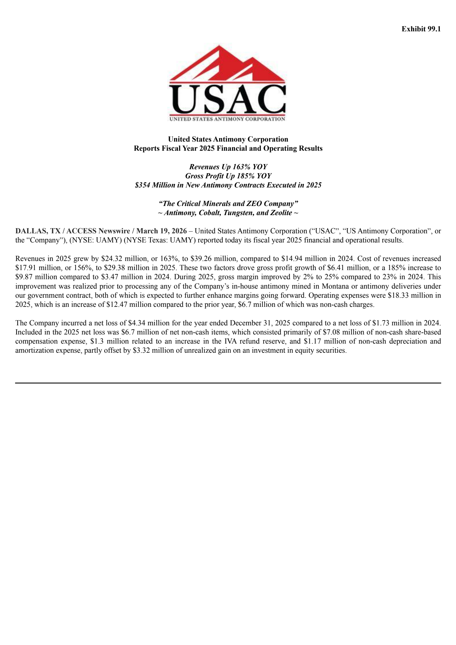 United States Antimony's Q4 2025 Press Release