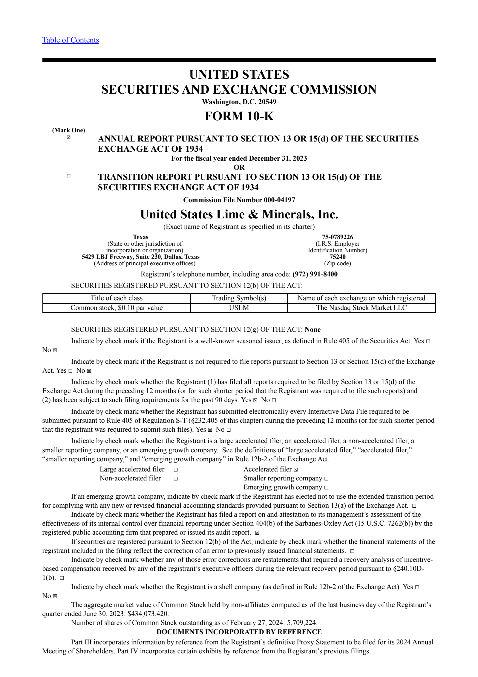 United States Lime & Minerals' Q4 2023 Annual report