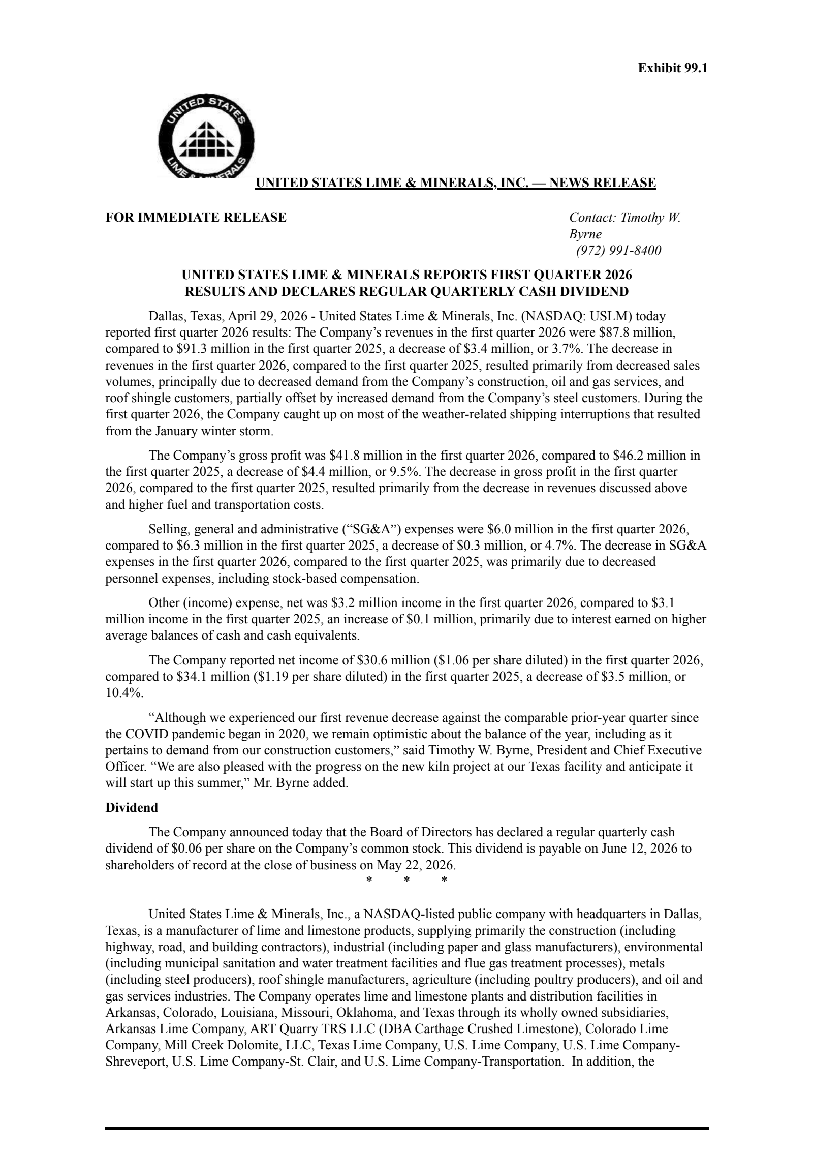United States Lime & Minerals' Q1 2026 Press Release