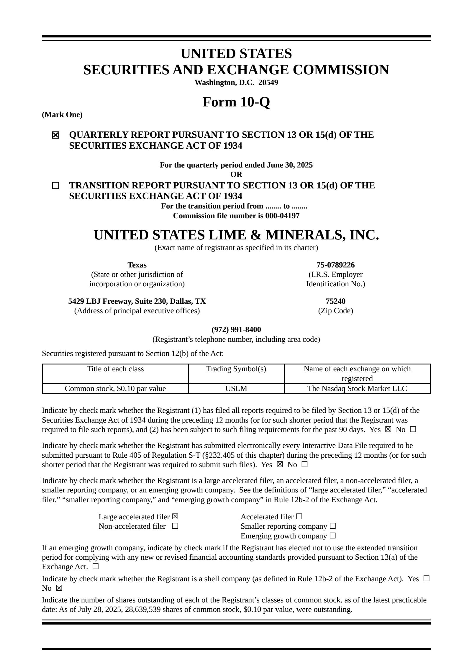 United States Lime & Minerals' Q2 2025 Quarterly report