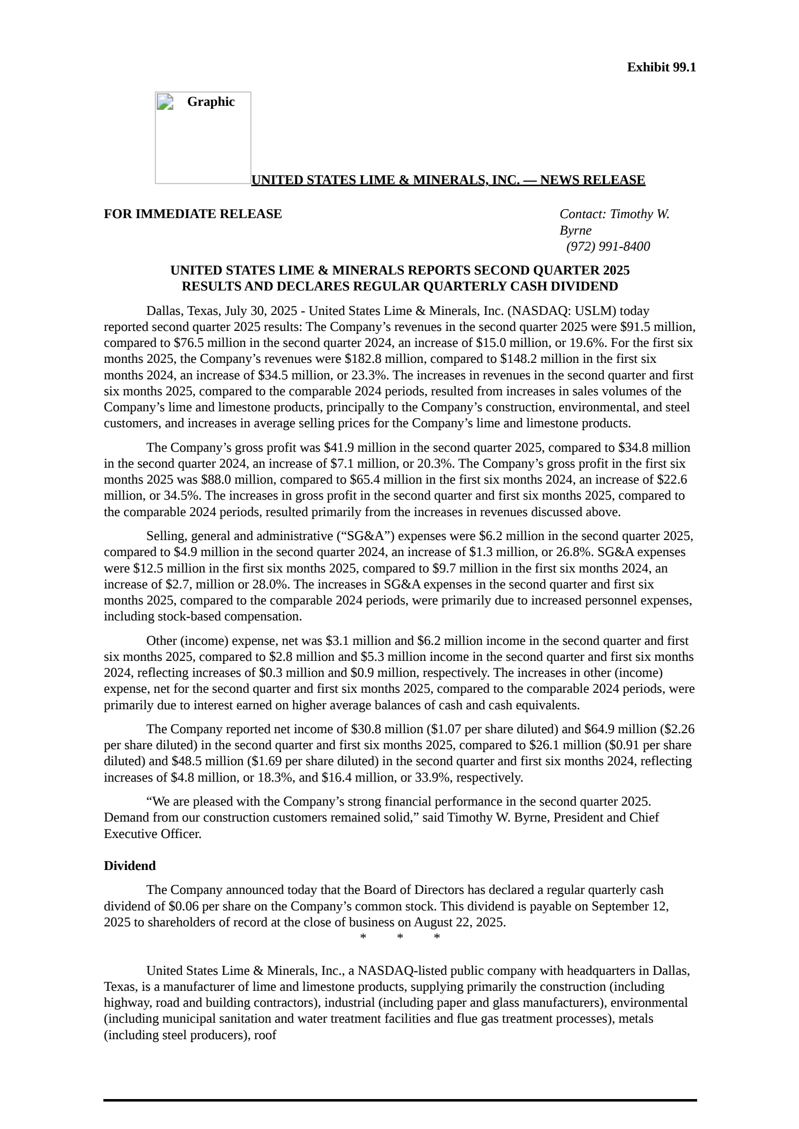 United States Lime & Minerals' Q2 2025 Press Release
