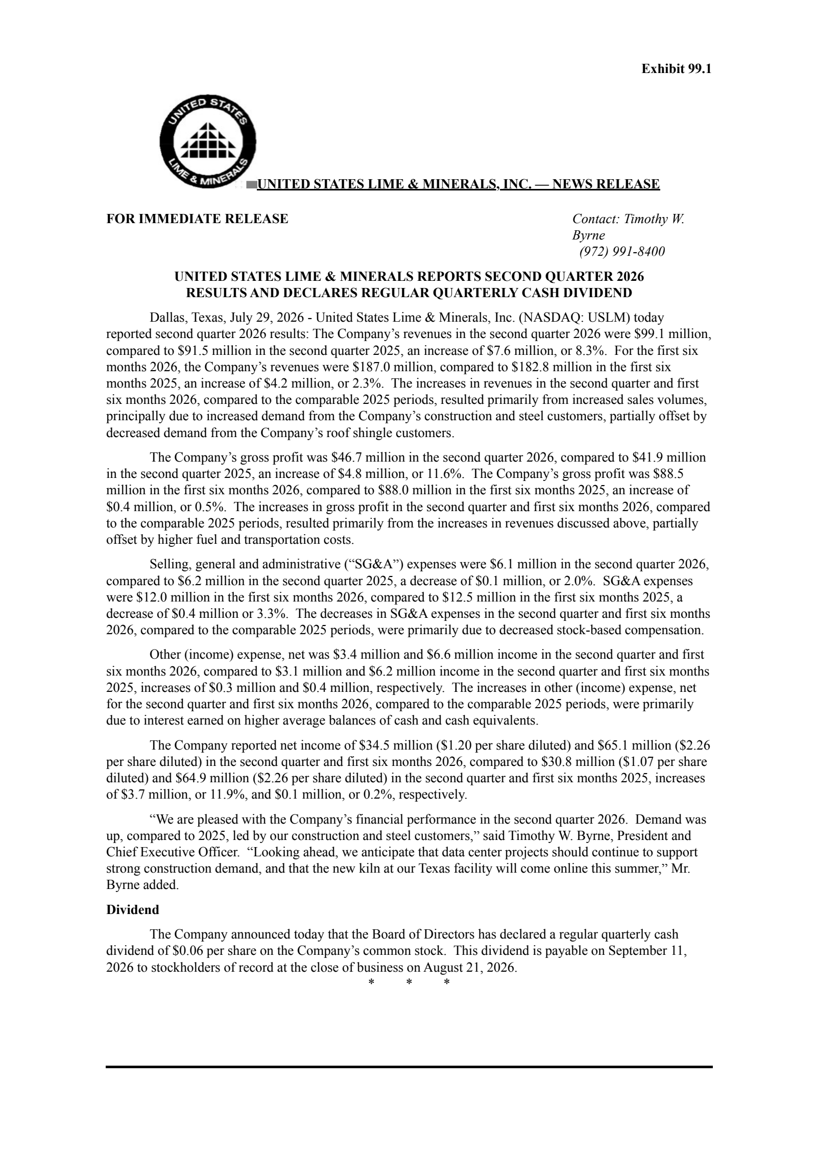 United States Lime & Minerals' Q2 2026 Press Release