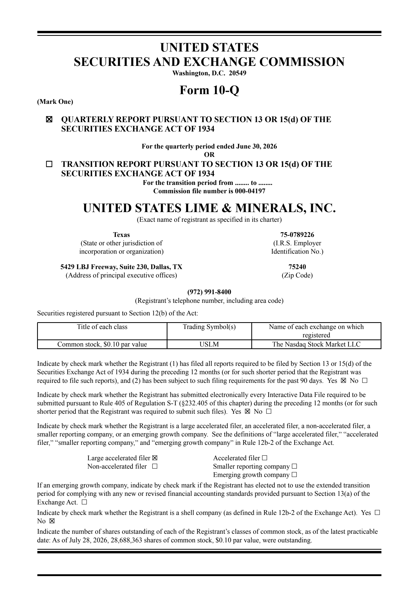 United States Lime & Minerals' Q2 2026 Quarterly report