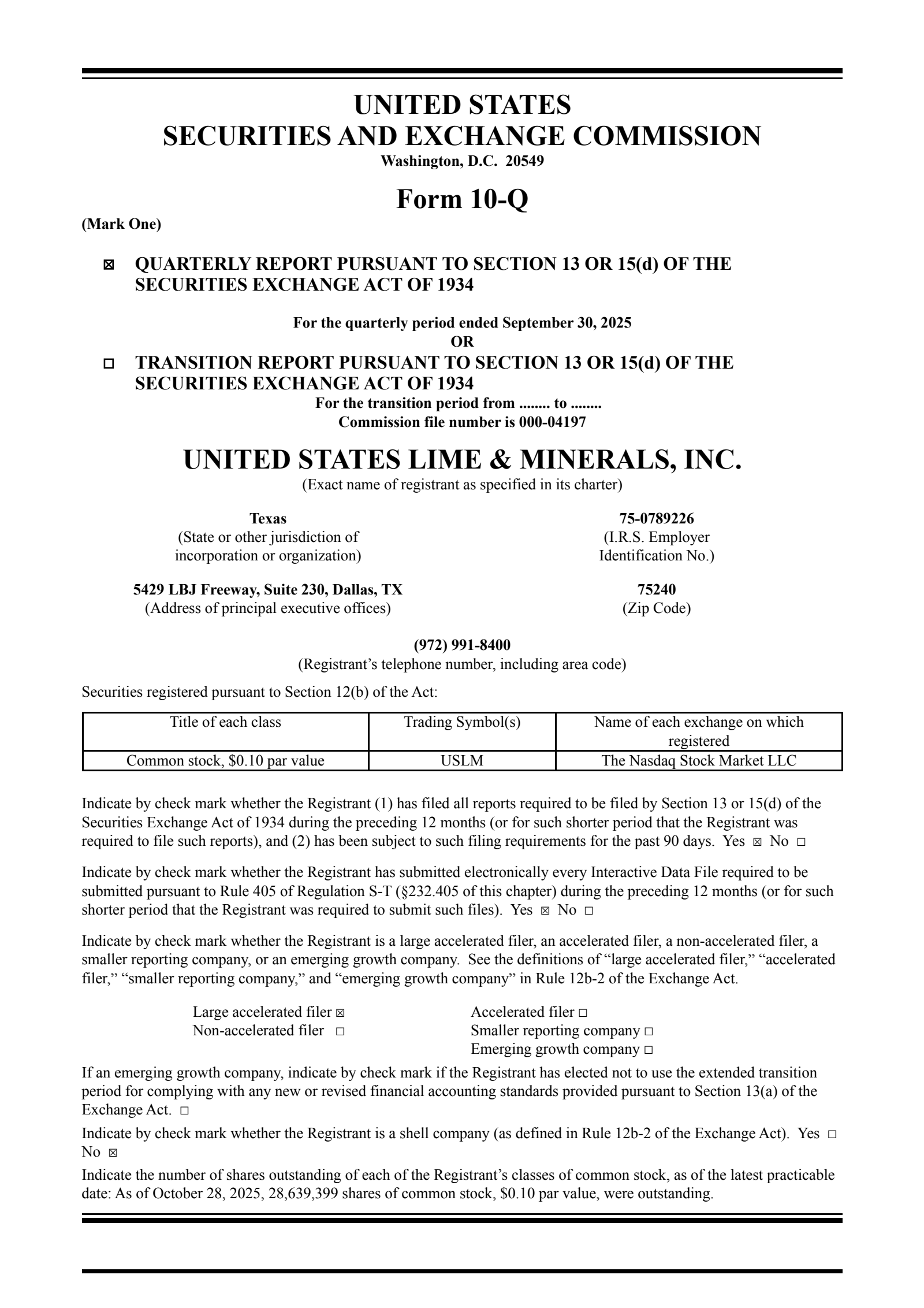 United States Lime & Minerals' Q3 2025 Quarterly Report
