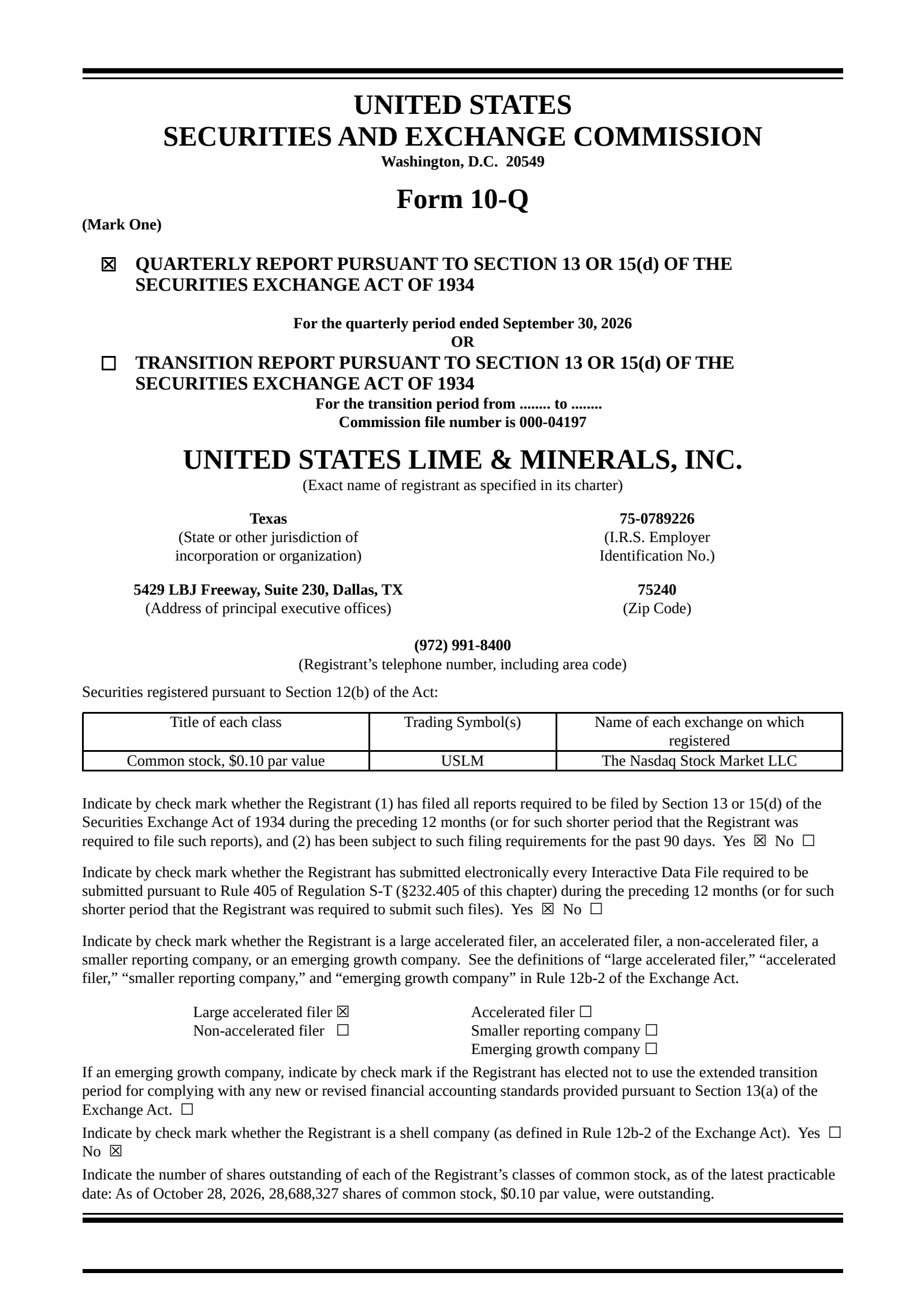 United States Lime & Minerals' Q3 2026 Quarterly report