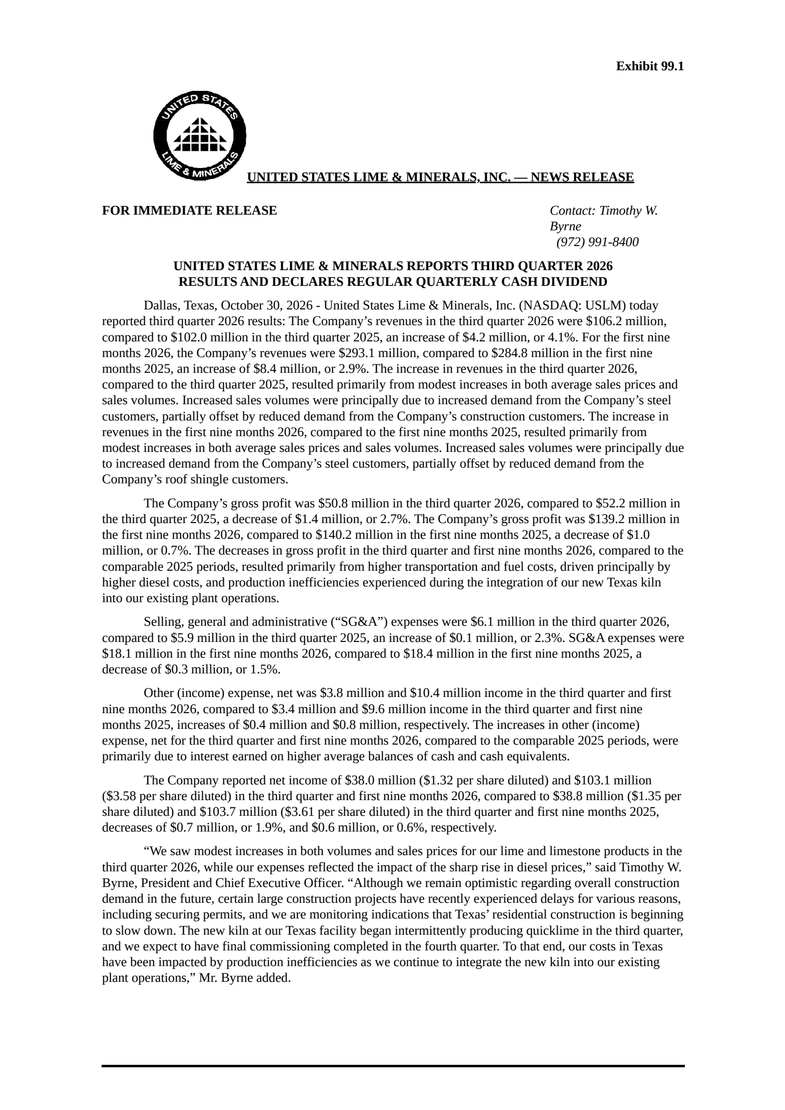 United States Lime & Minerals' Q3 2026 Press Release