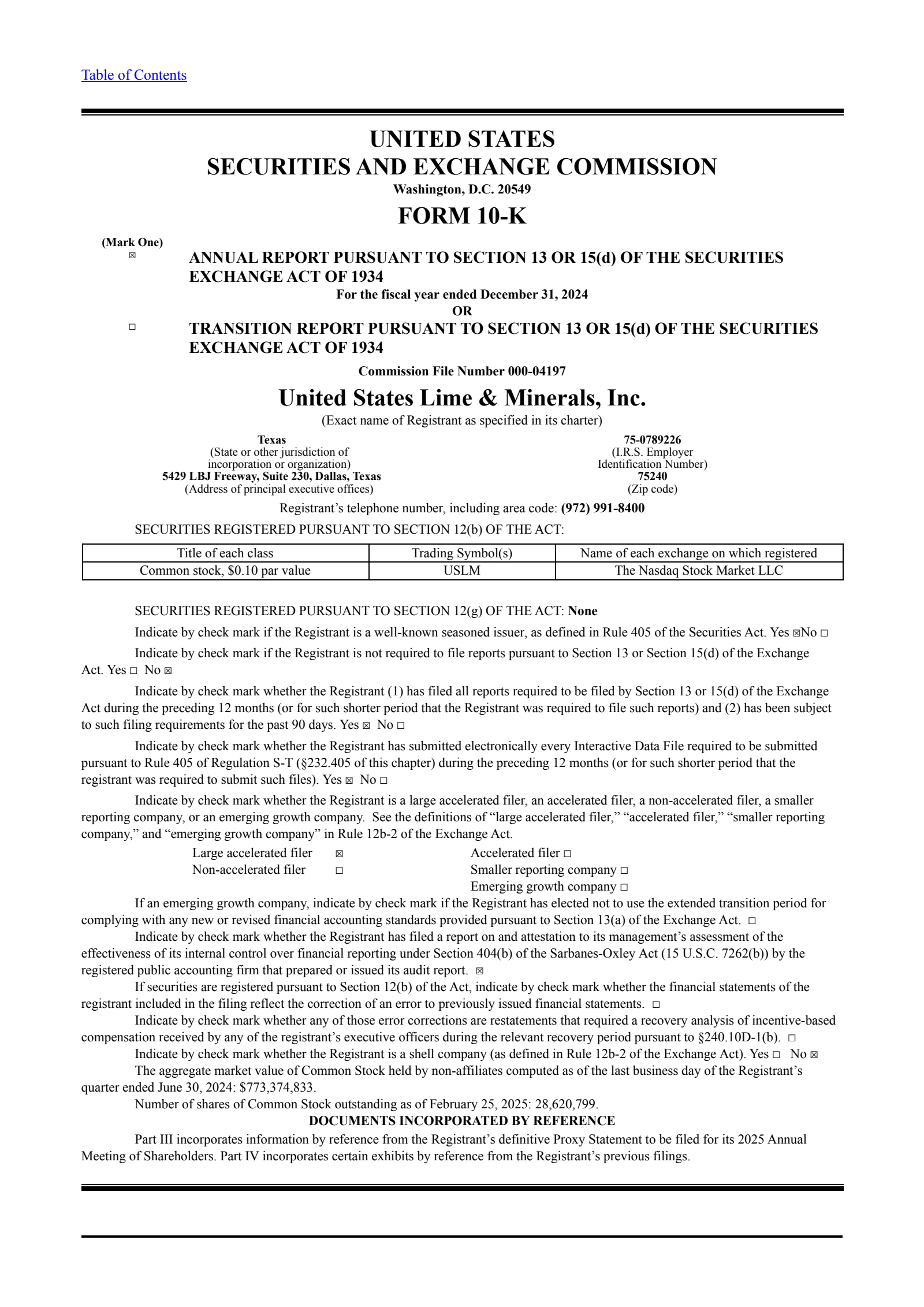 United States Lime & Minerals' Q4 2024 Annual report