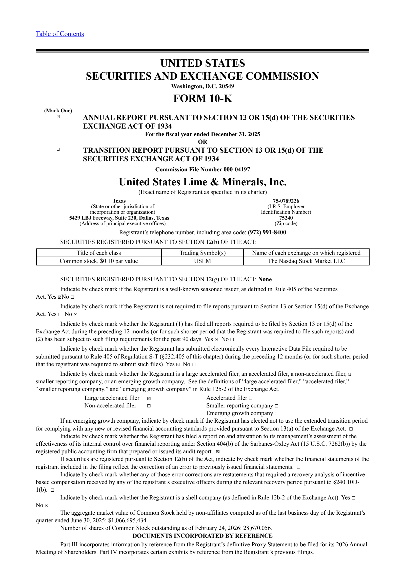United States Lime & Minerals' Q4 2025 Annual report