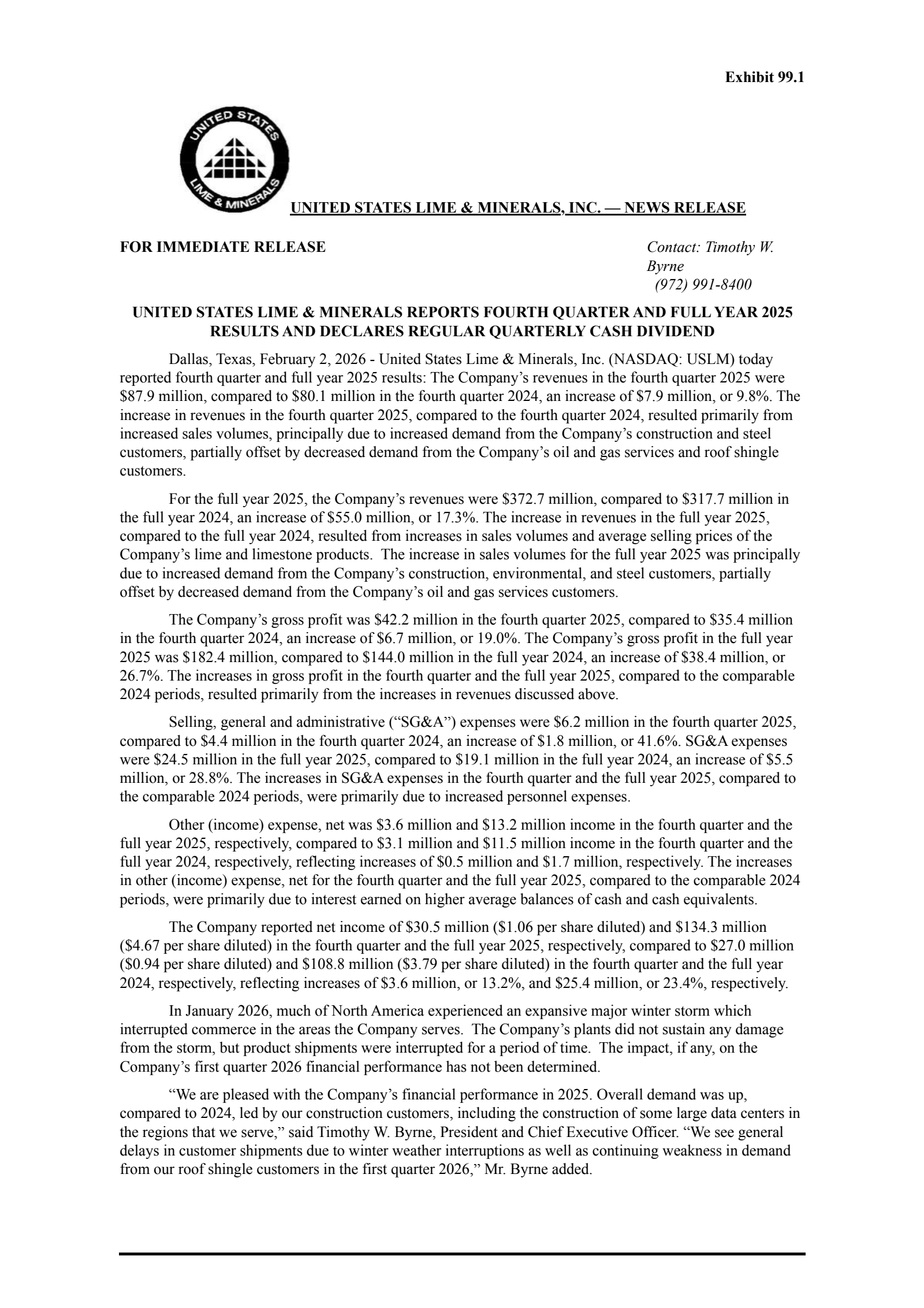 United States Lime & Minerals' Q4 2025 Press Release