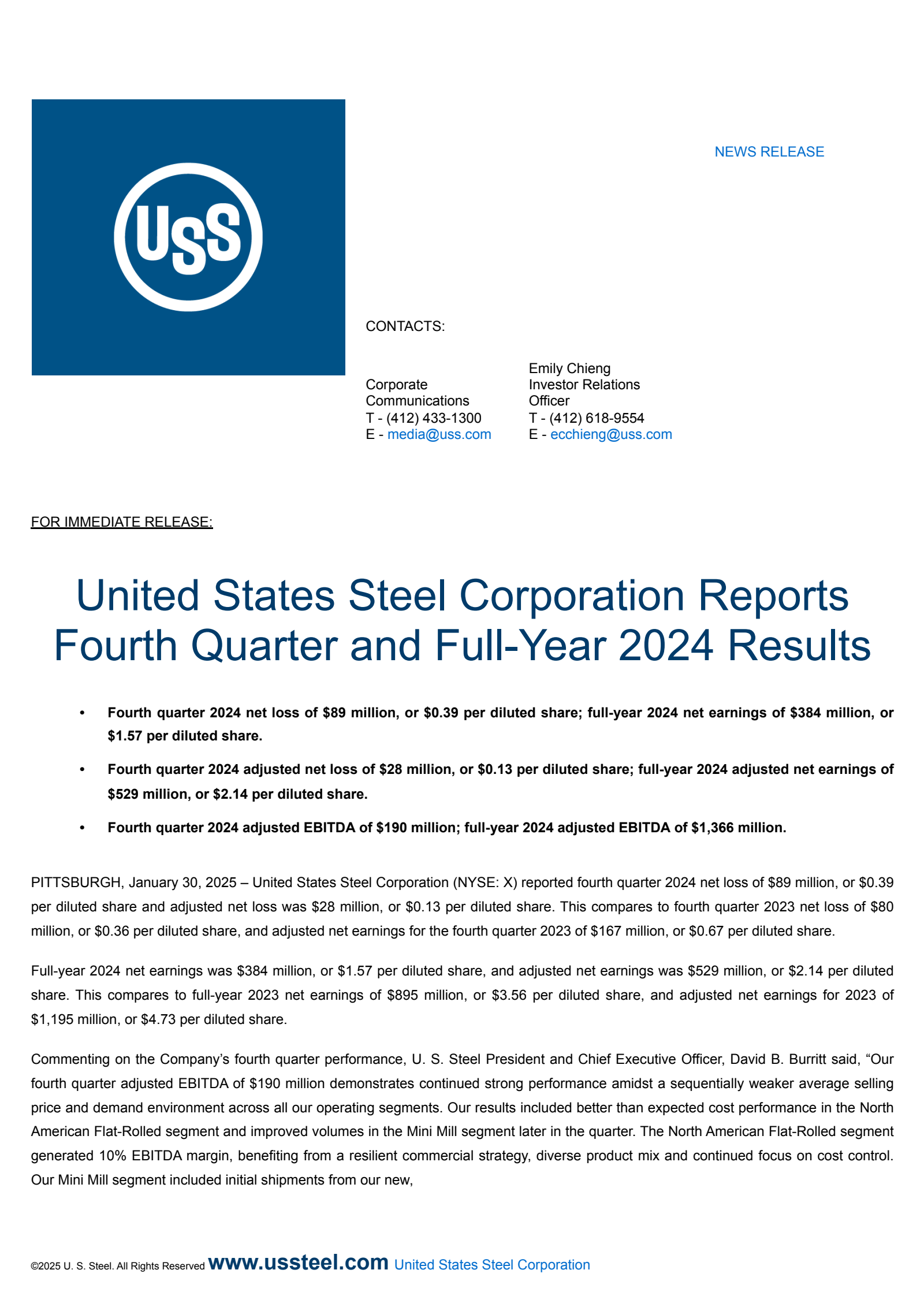 United States Steel's Q4 2024 Press Release
