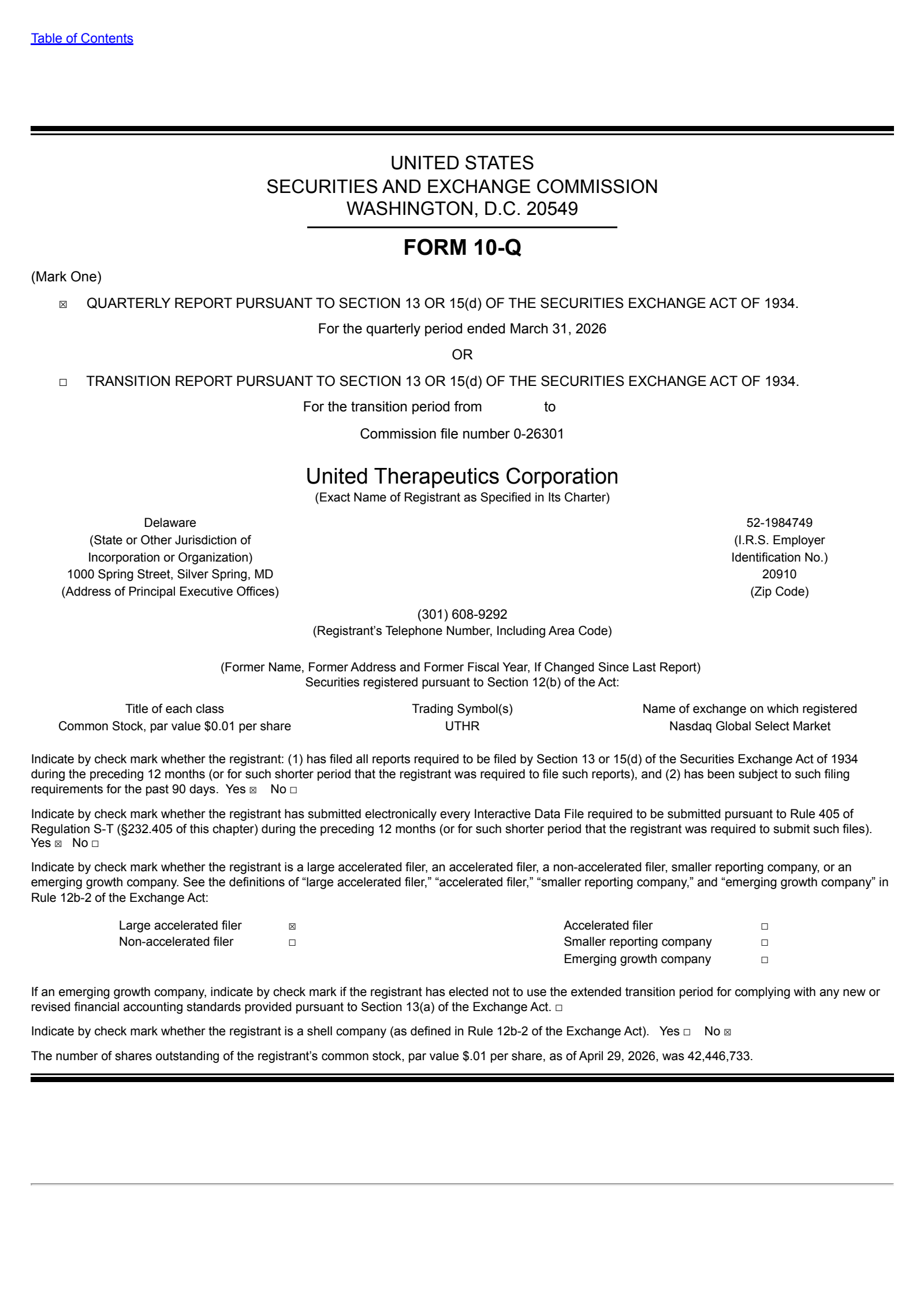 United Therapeutics' Q1 2026 Quarterly report