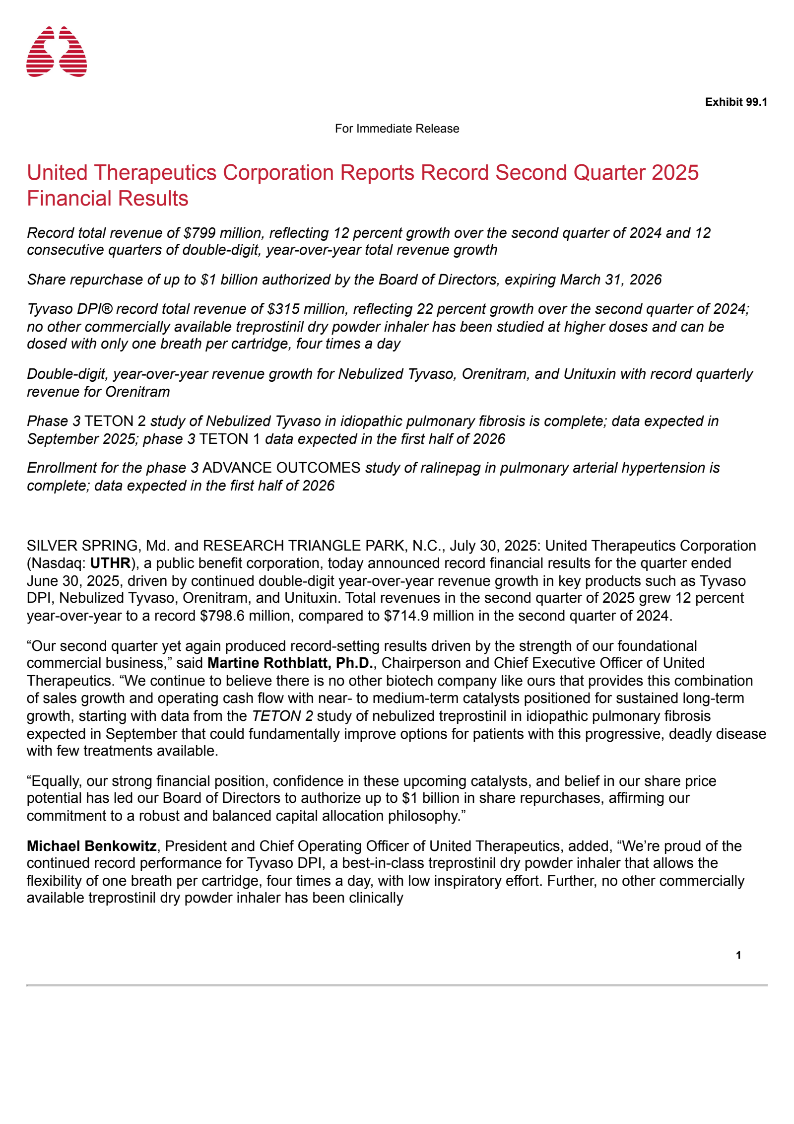 United Therapeutics' Q2 2025 Press Release