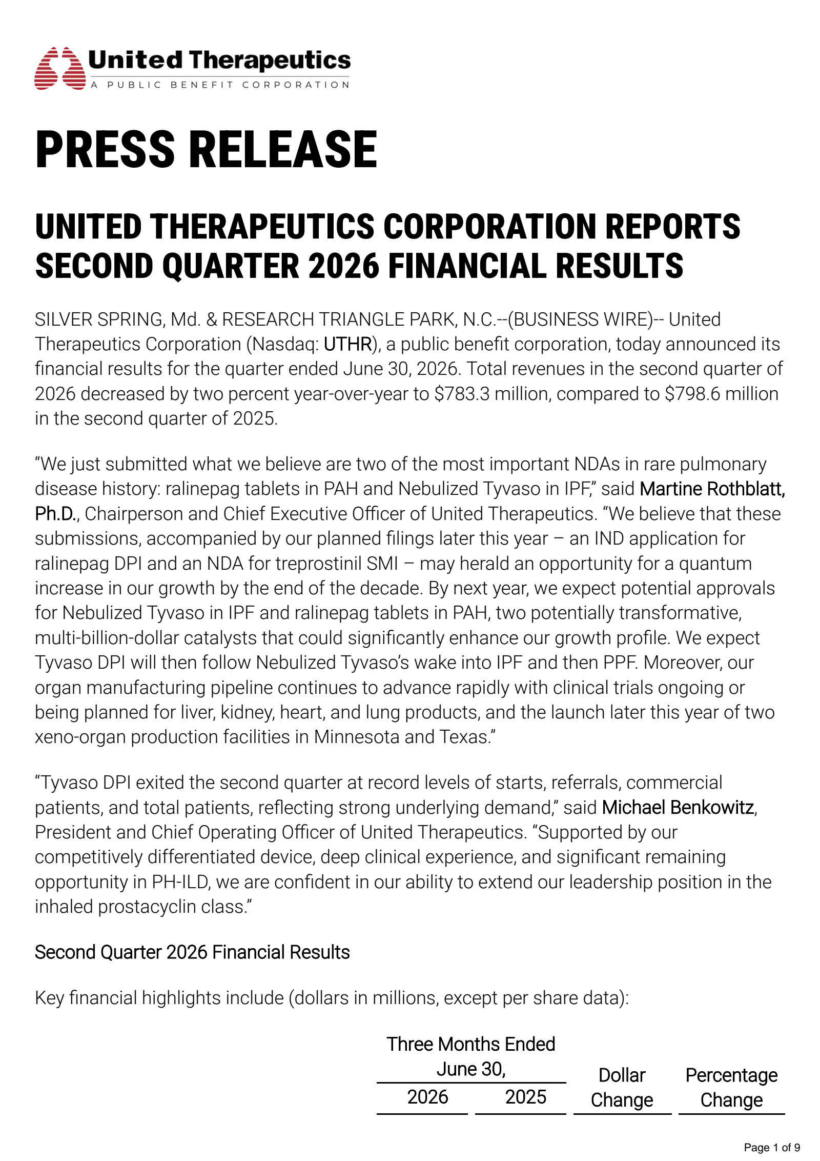 United Therapeutics' Q2 2026 Press Release