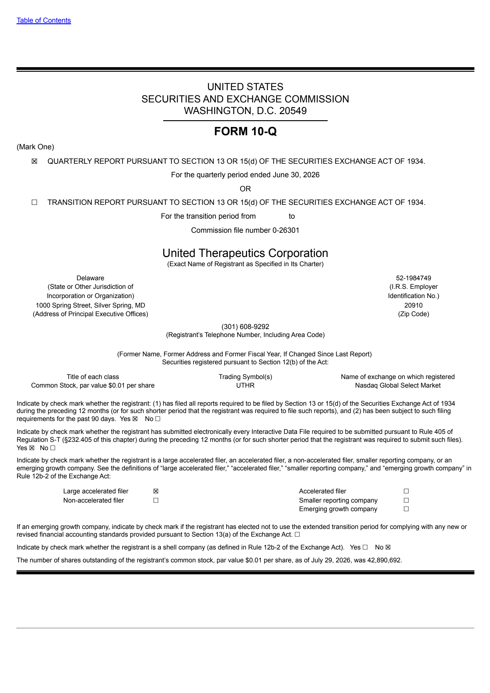 United Therapeutics' Q2 2026 Quarterly report