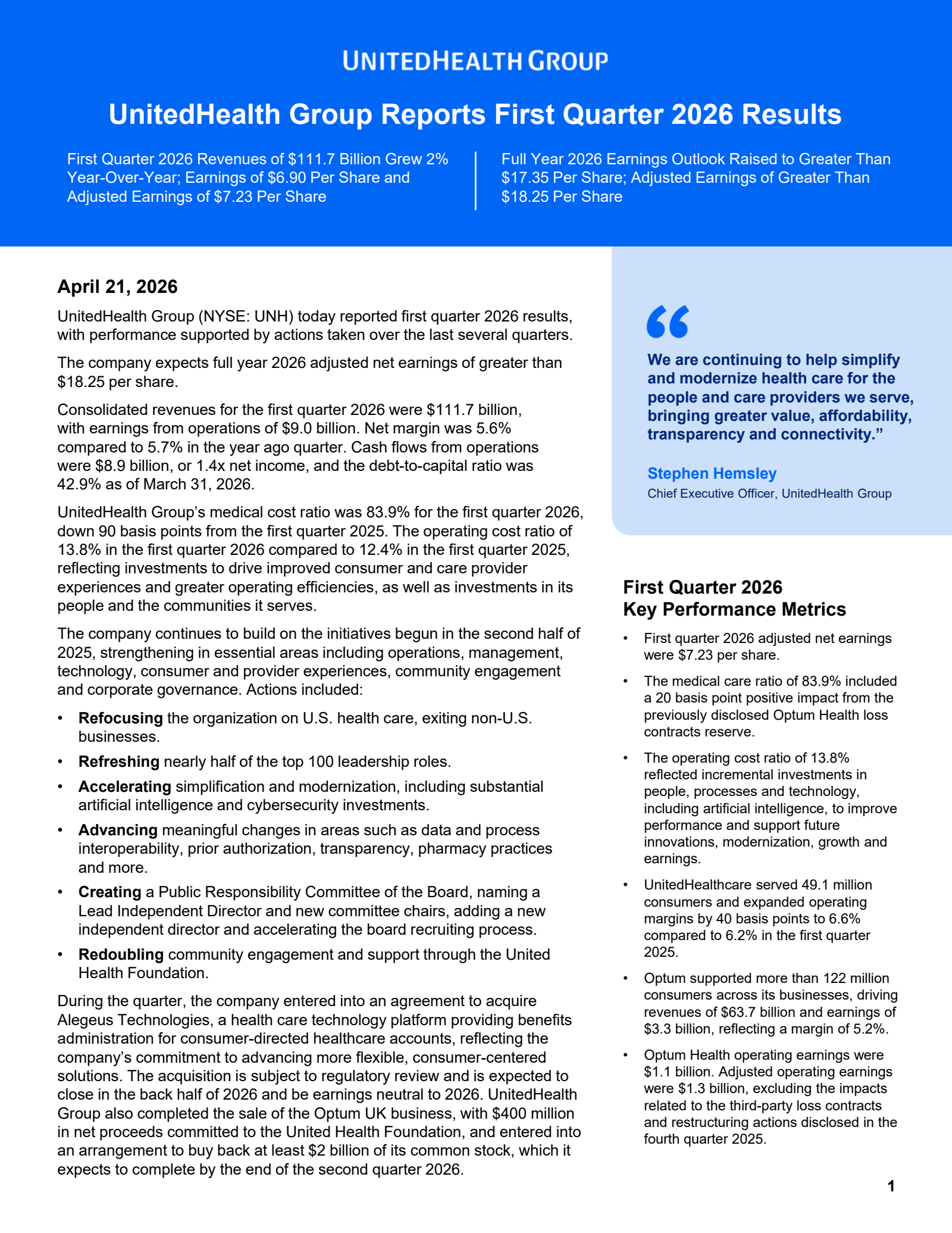 UnitedHealth Group's Q1 2026 Press Release