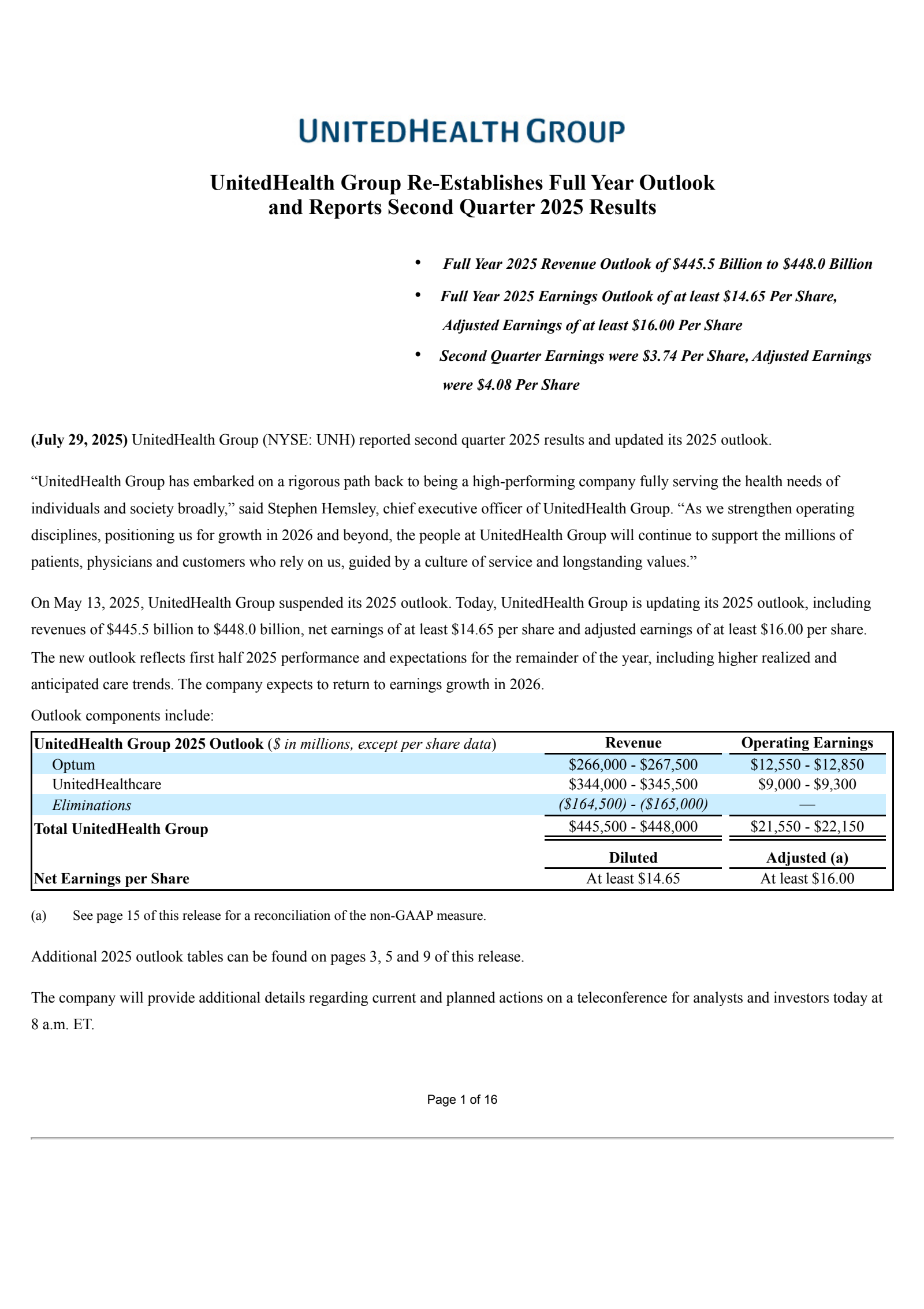 UnitedHealth Group's Q2 2025 Press Release
