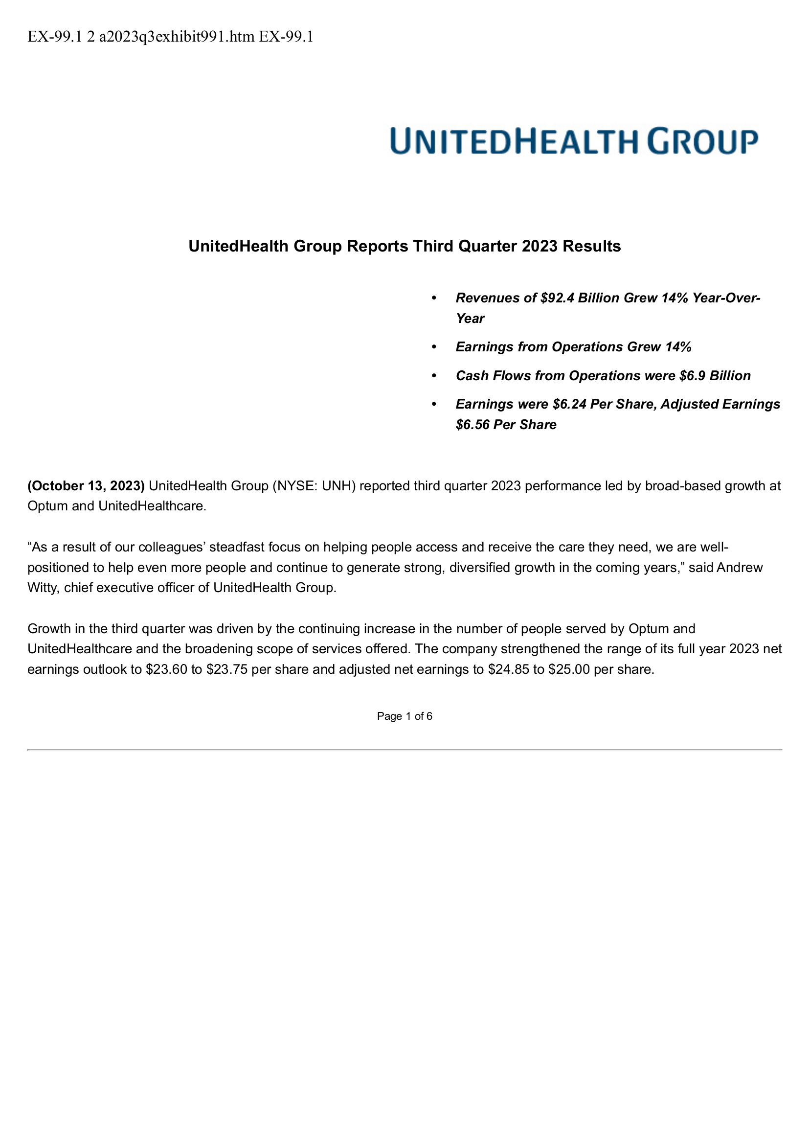 UnitedHealth Group's Q3 2023 Press Release