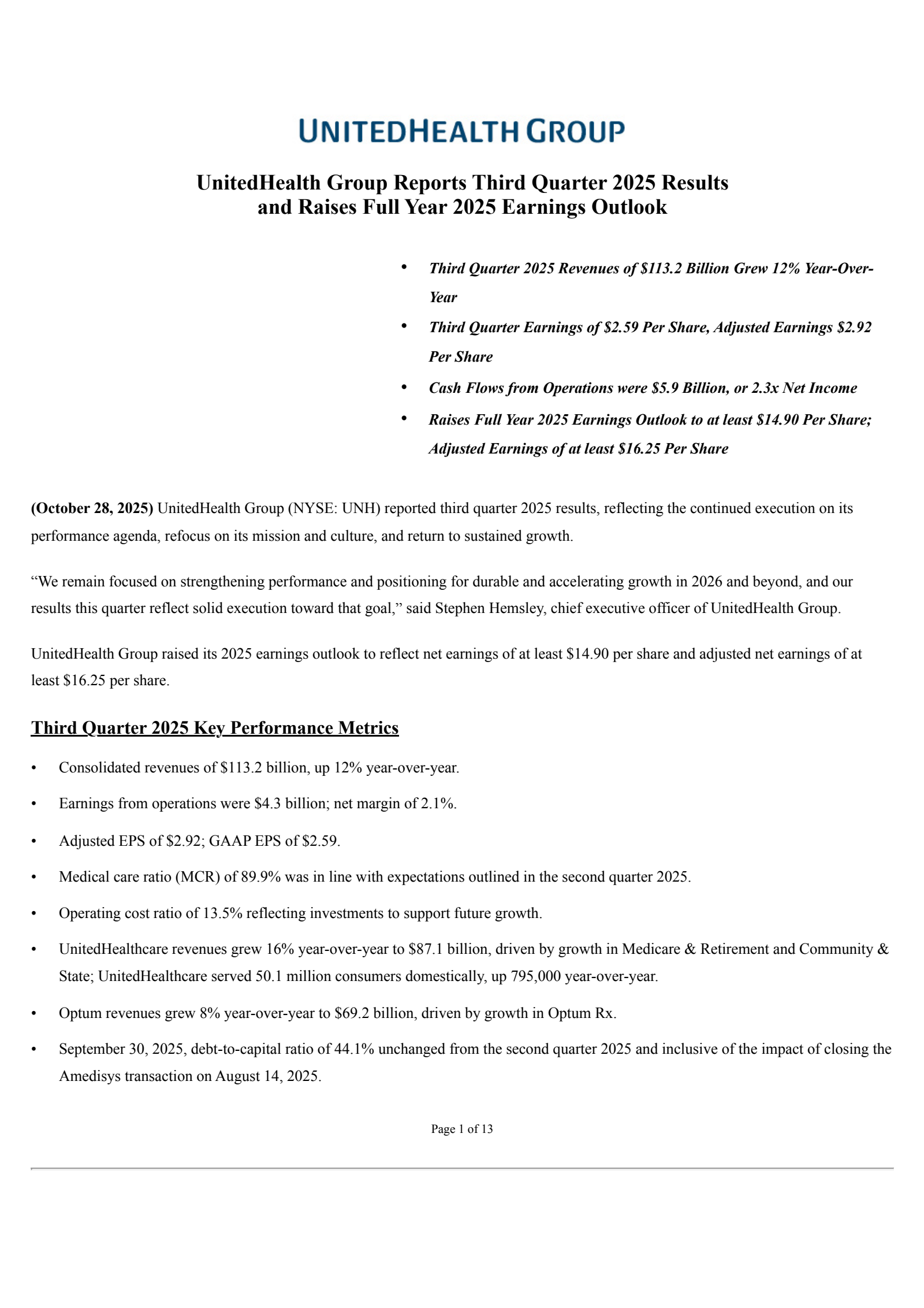 UnitedHealth Group's Q3 2025 Earnings Release