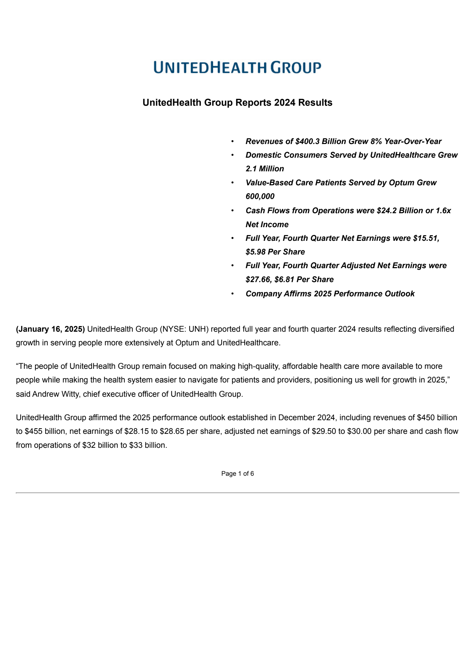 UnitedHealth Group's Q4 2024 Press Release
