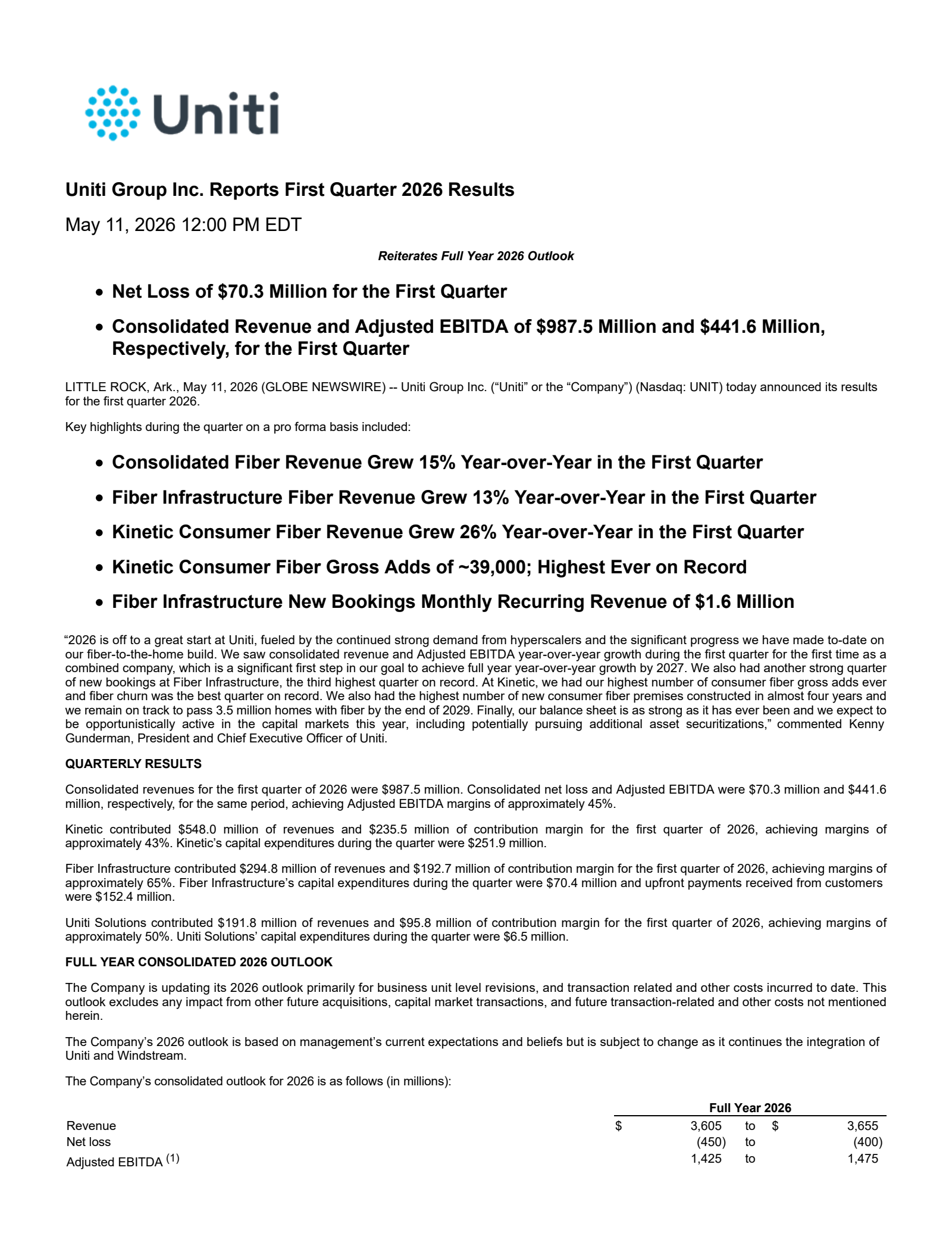Uniti Group's Q1 2026 Press Release