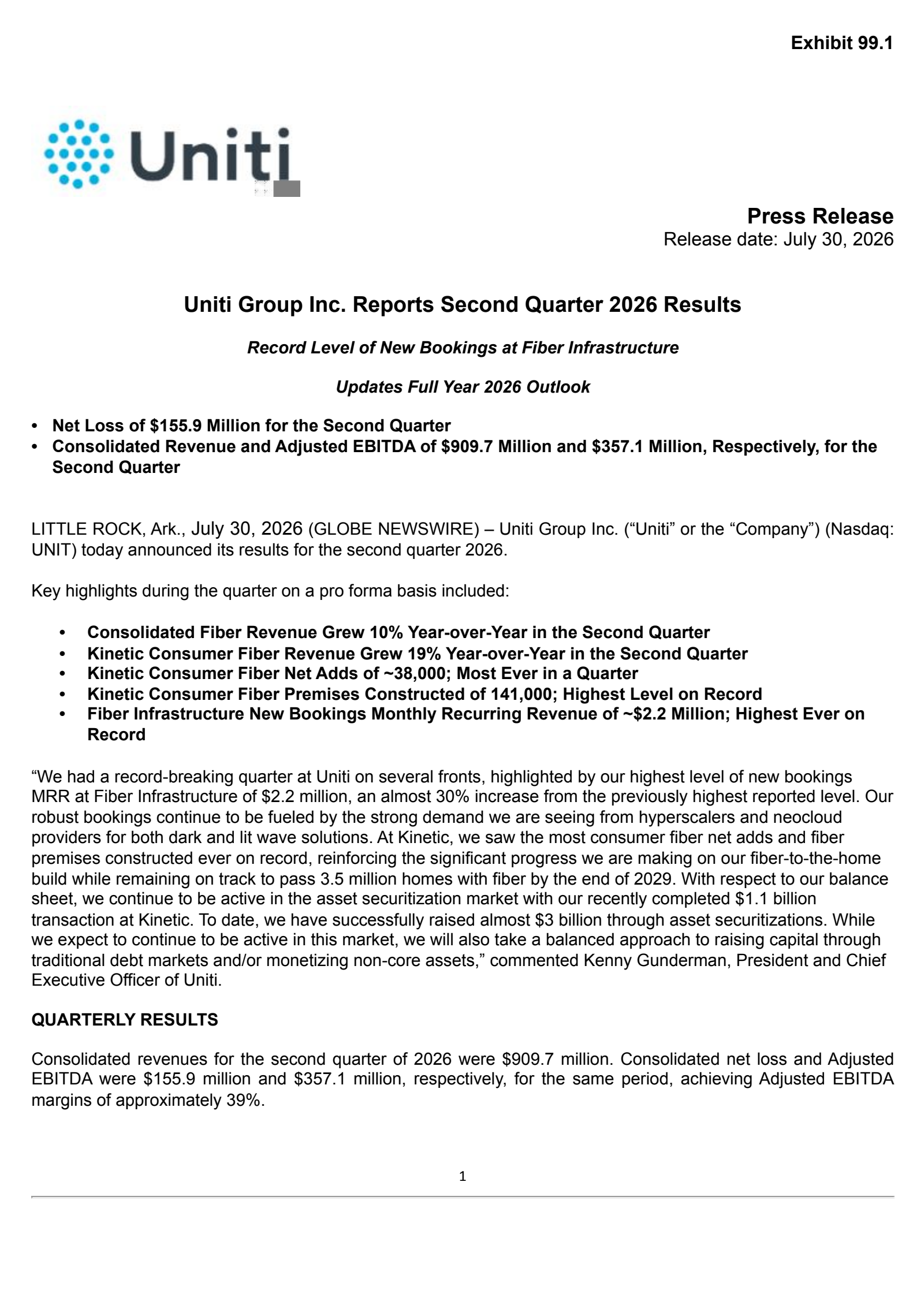 Uniti Group's Q2 2026 Press Release
