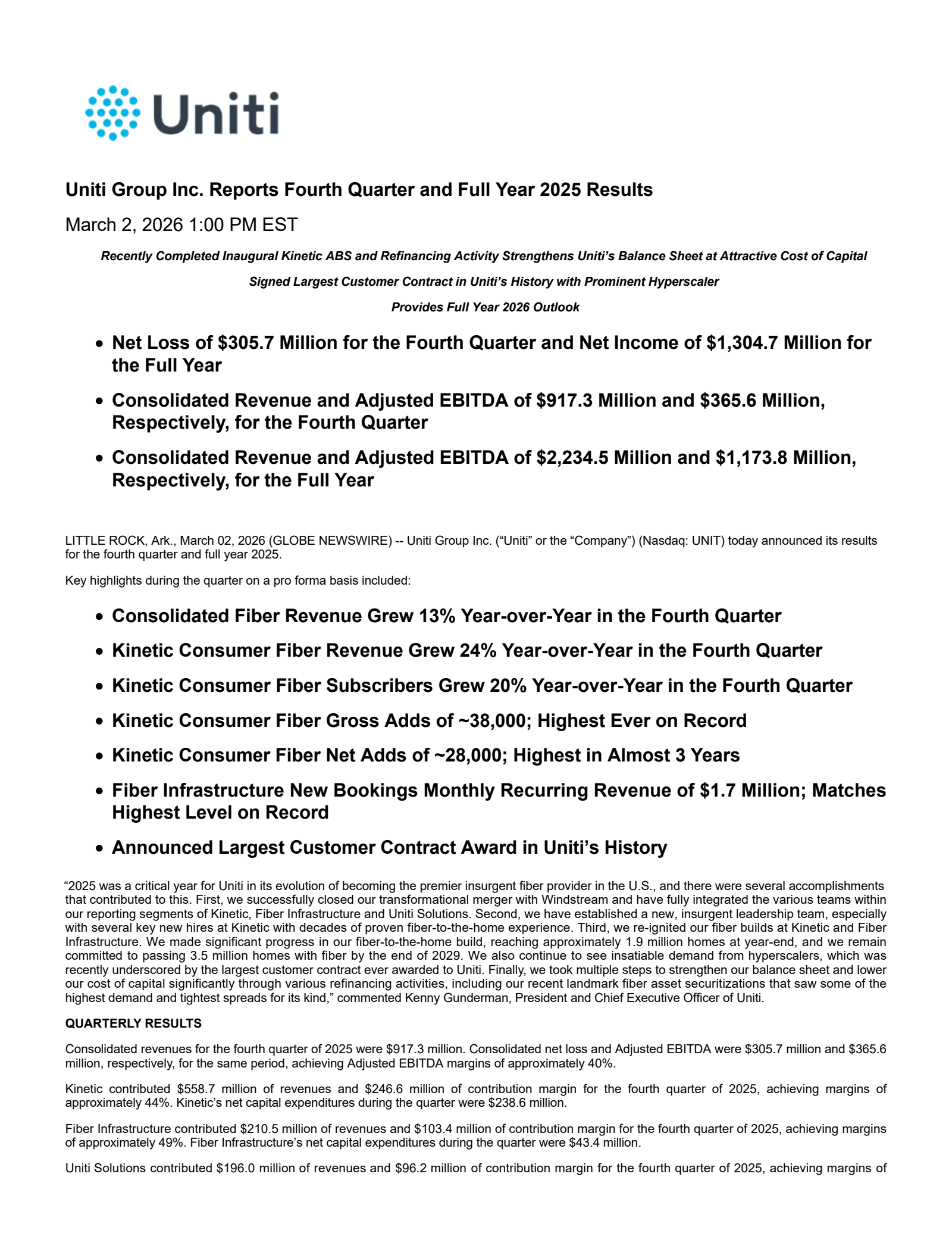 Uniti Group's Q4 2025 Press Release