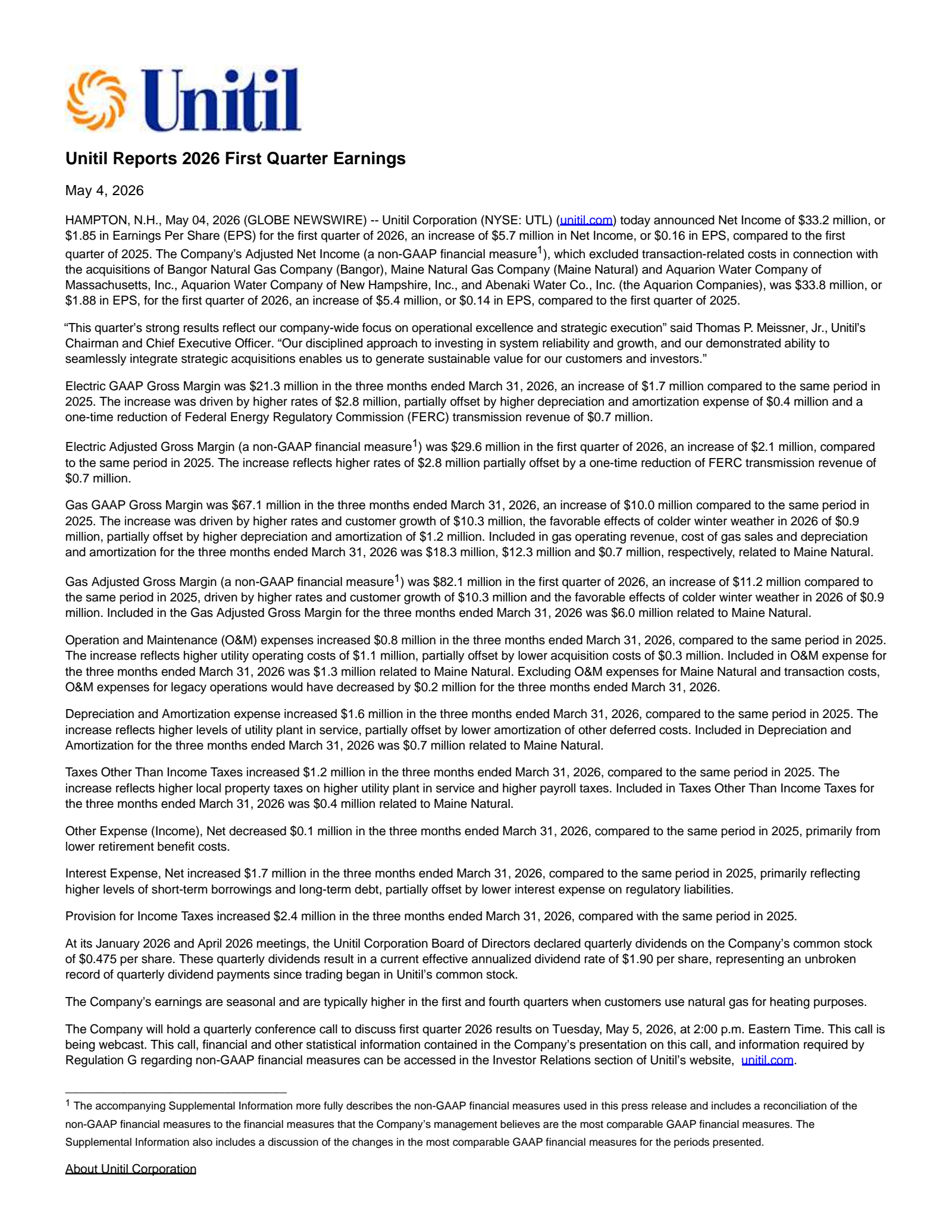 UTL Q1 2026 Earnings Report on 5/4/2026