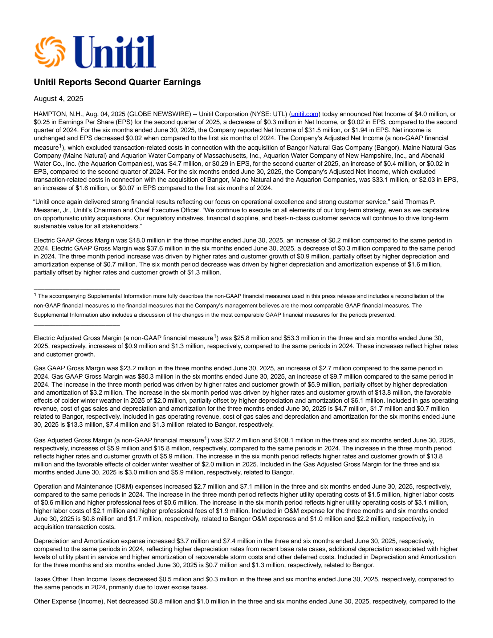 Unitil's Q2 2025 Press Release