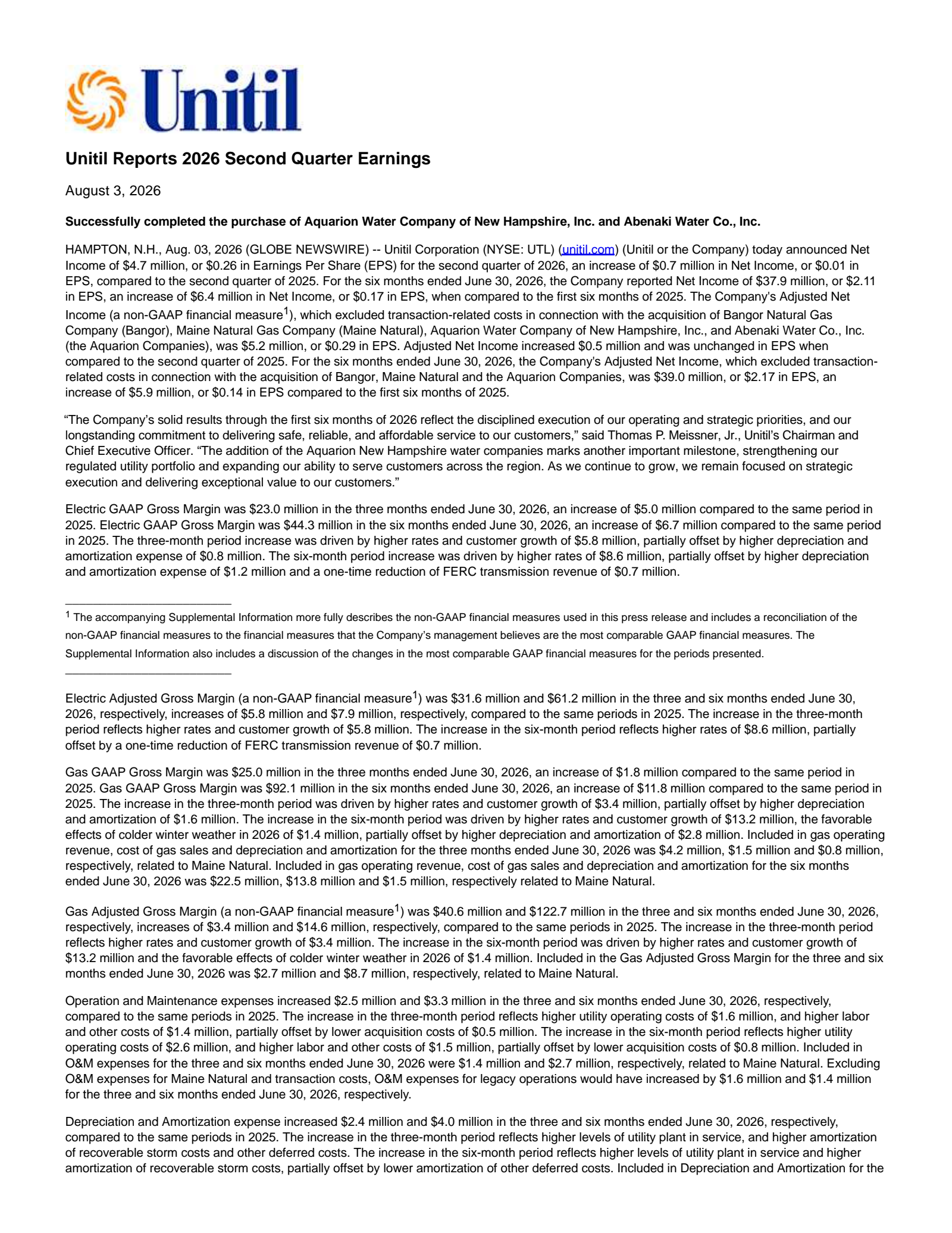 Unitil's Q2 2026 Press Release