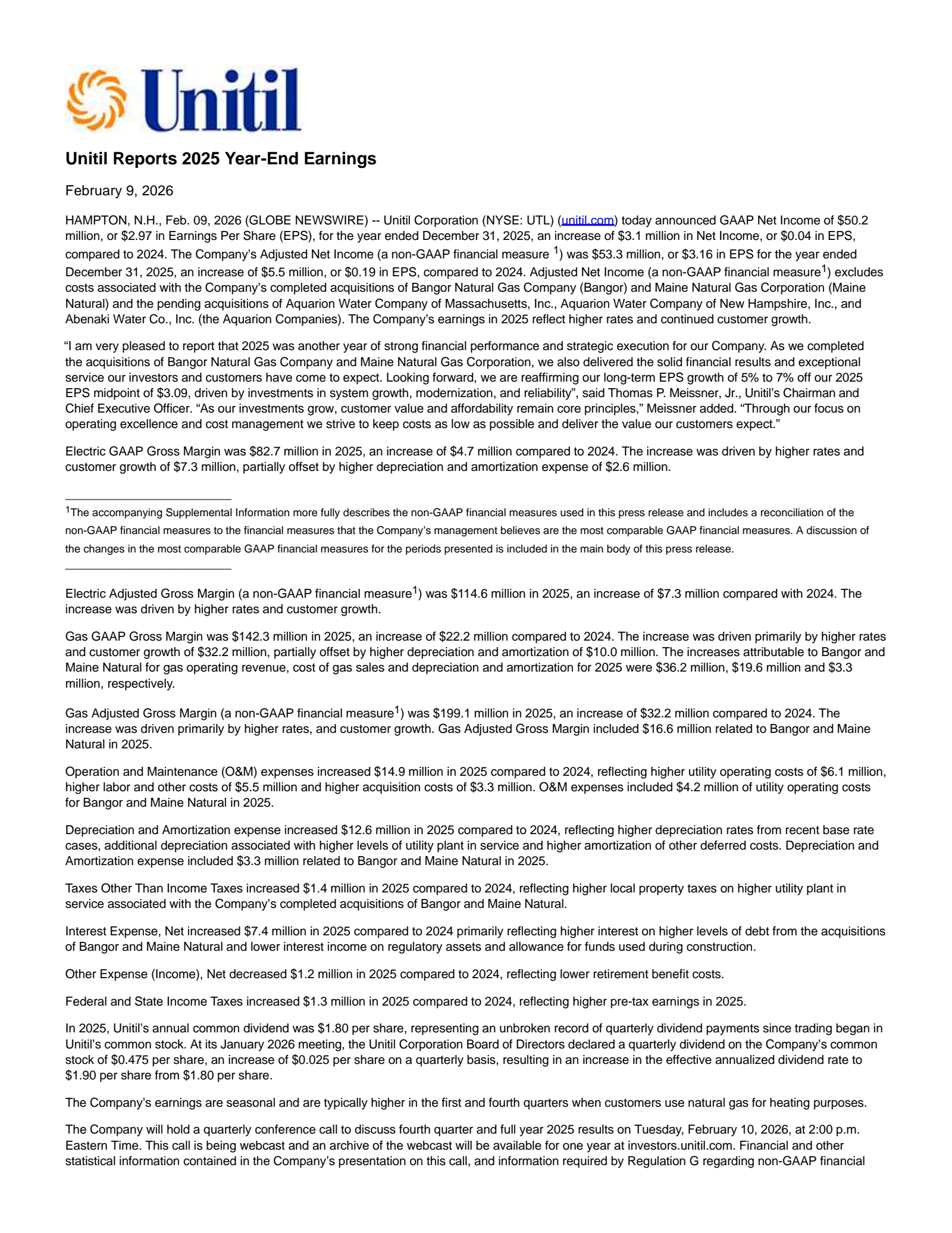 Unitil's Q4 2025 Press Release