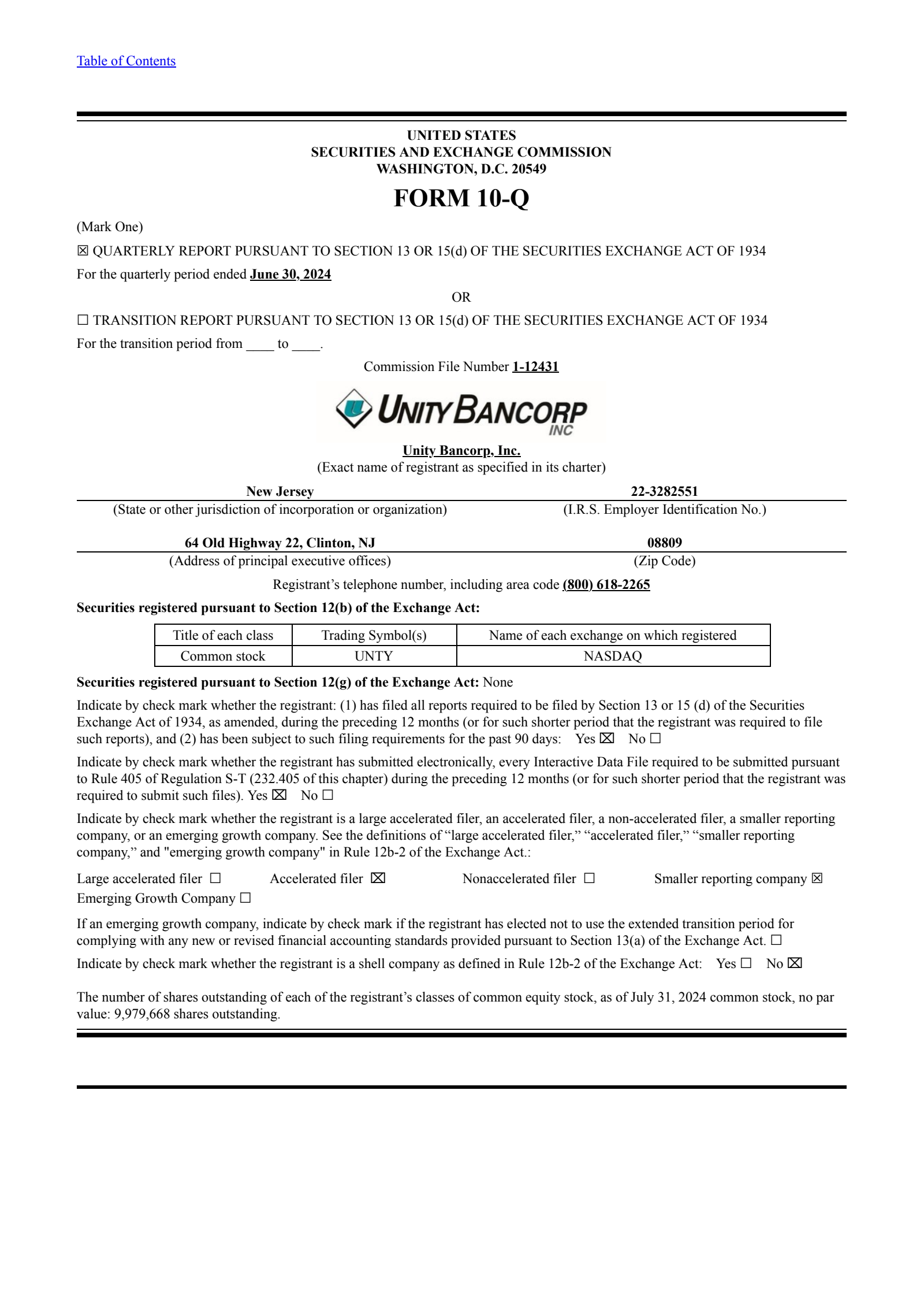 Unity Bancorp's Q2 2024 Quarterly Report