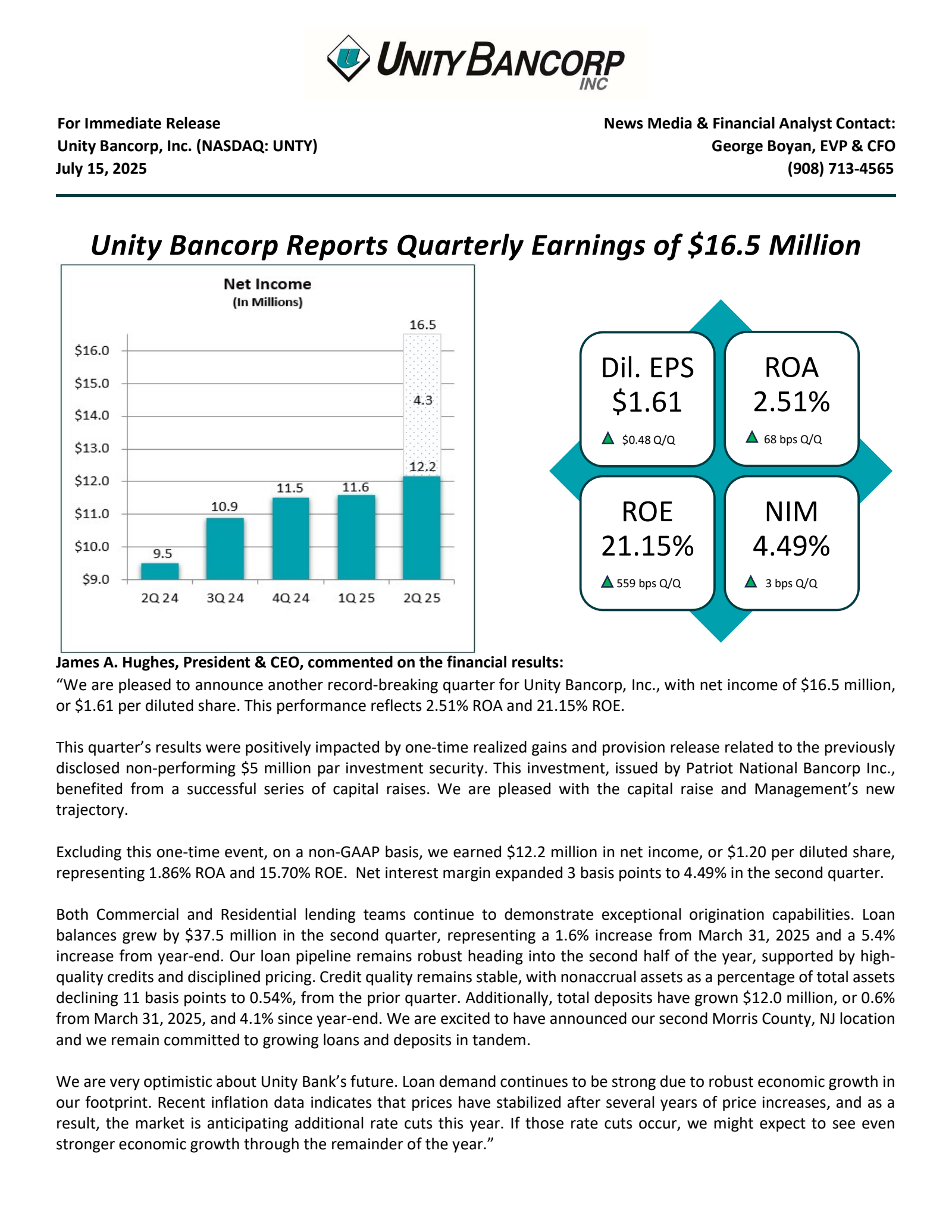 Unity Bancorp's Q2 2025 Press Release